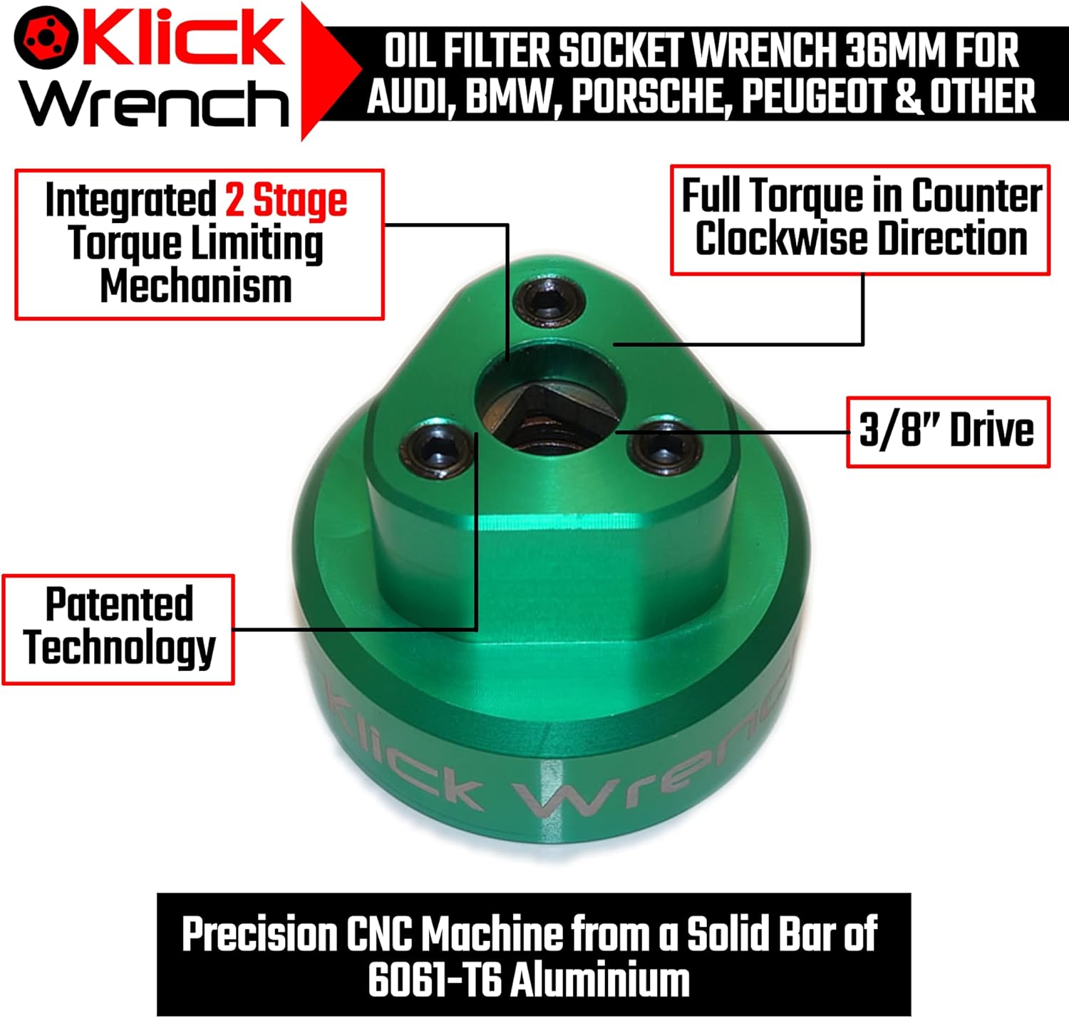 2 Stage 36mm Torque Limiting Oil Filter Wrench, Green, 6061-T6 Aluminum