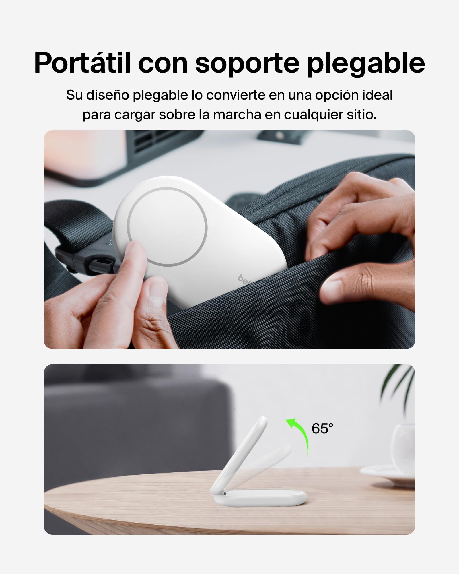 Belkin BoostCharge Cargador Inalámbrico con Qi2, Soporte Magnético Plegable 15W, Compatible con MagSafe, Cargador rápido portátil, admite Modo Standby, para iPhone 17, 16, 15, 14 y 13 - Blanco