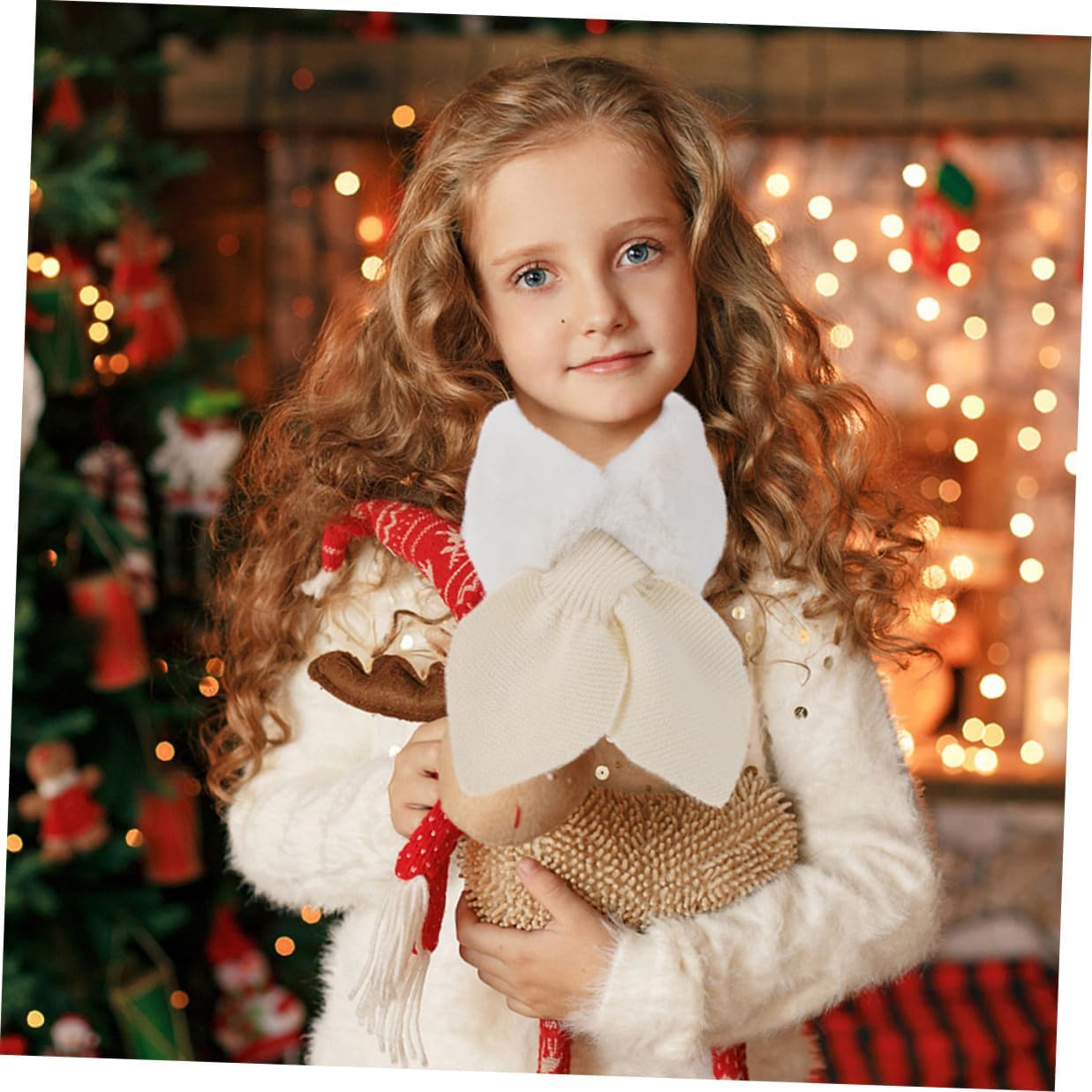 Unomor 2Pcs Plush Scarves Soft Warm Neck Warmer Cross Tie Neckwear for Winter Outdoor Use in Beige and Pink