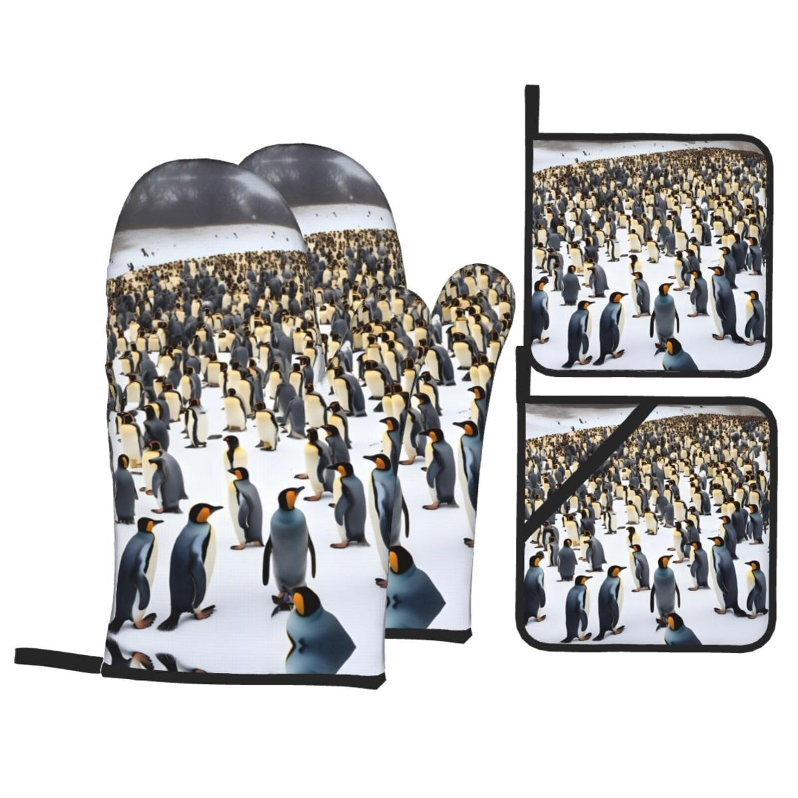 penguins in the snow Print Oven Microwaving Waterproof Kitchen Gloves for Baking Grilling Holiday Cooking