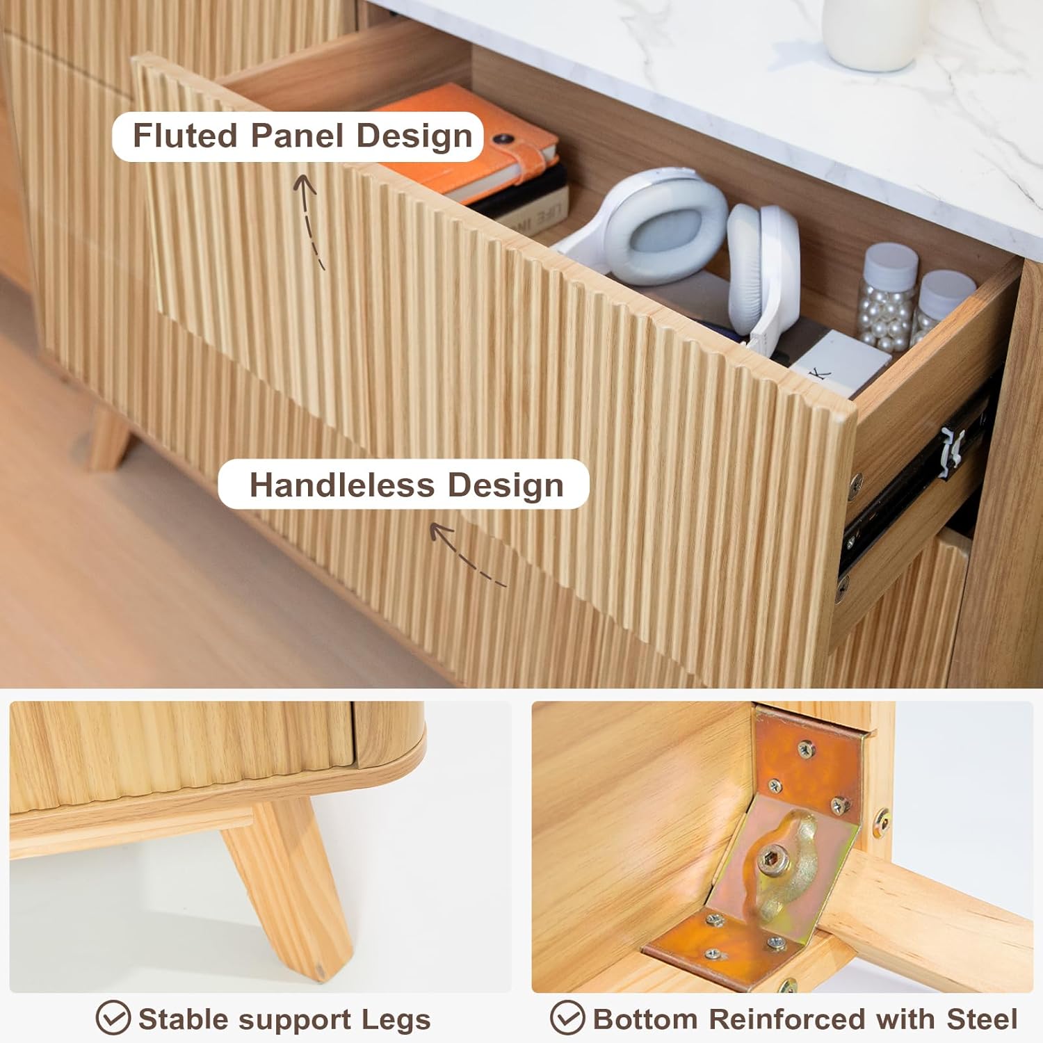 Fluted 6 Drawers Dresser for Bedroom,52" Wide Handleless Chest of Drawers with Faux Marble Top, Wooden Dresser TV Stand, Wood Drawer Organizer for Living Room, Hallway, Natural Oak - Image 8