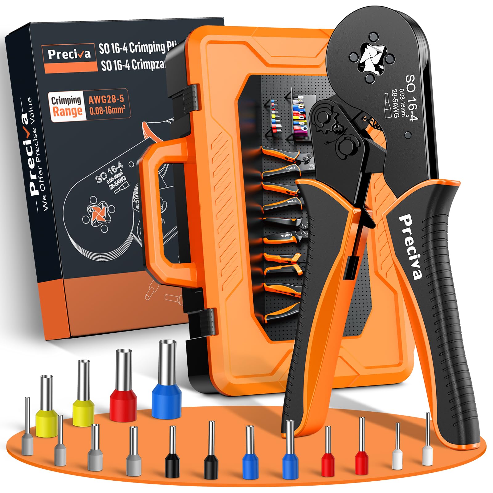 Preciva Set Pinza Crimpatrice con 1500 Puntalini Pinza Crimpatrice a Cricchetto 0,08–16mm² AWG28–5, Crimpa Puntalini/Capicorda Isolati e Non Isolati, Pinza a Crimpare Quattro