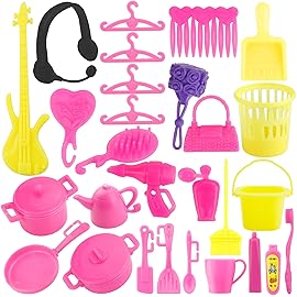 JANYUN Total 114pcs -16 Pack Doll Clothes Party Gown Outfits Set for Doll+ 98pcs Girl Dolls Dresses Accessories Shoes Bags Necklace Mirror Hanger Tableware (Playing Style)