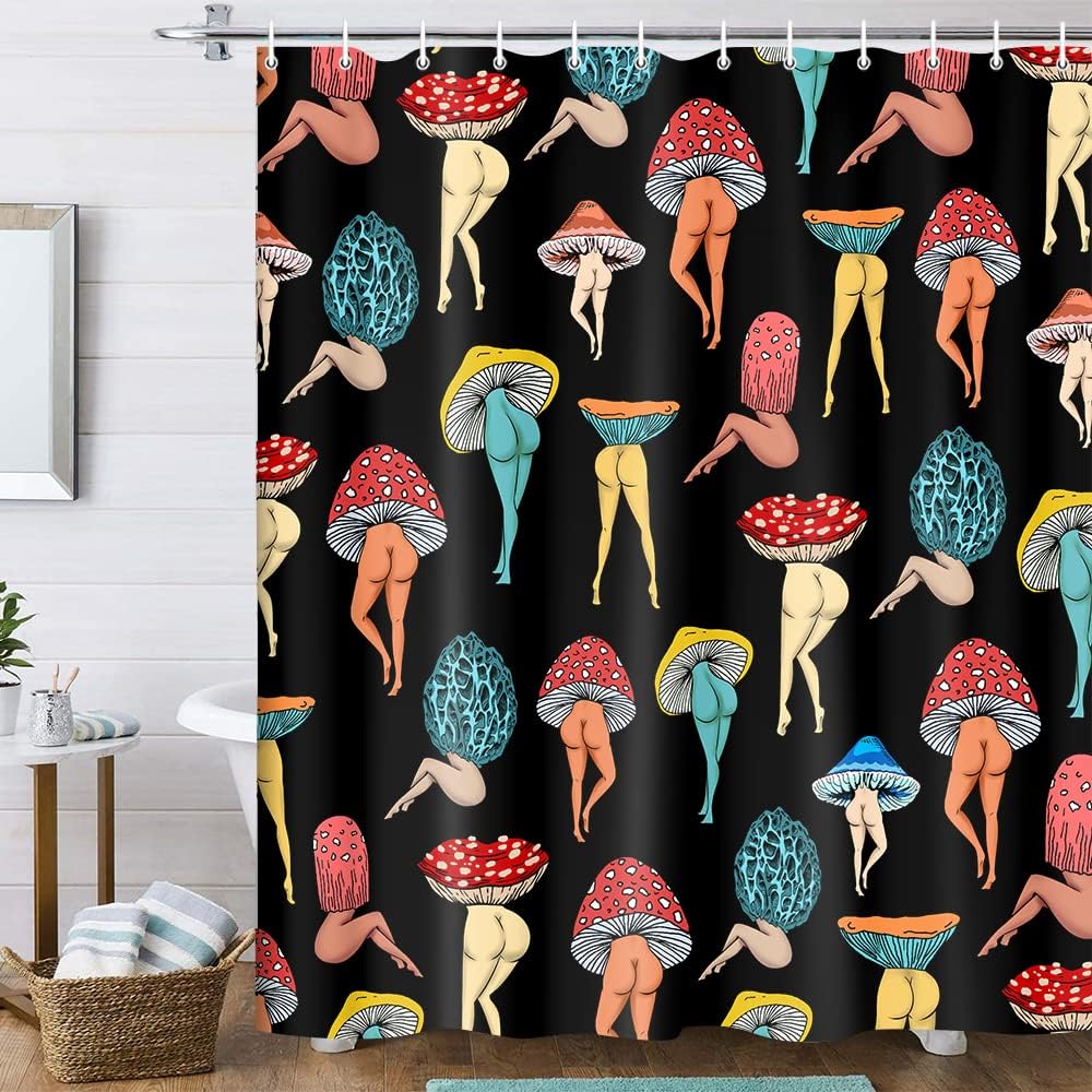 Funny Mushroom Butt Shower Curtain, Fun Cute Sexy Butt 70S 80S Fabric Shower Curtains for Bathroom Hippie Psychedelic Aesthetic Colorful Unique Cool Cloth Black Shower Curtain with 12 Hooks 70X75IN
