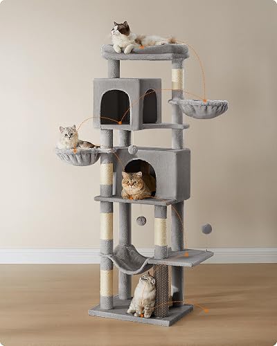 Feandrea Large Cat Tree, 175 cm Tall Cat Tower, Multi-Level Cat Condo with 2 Caves, 2 Baskets, 5 Scratching Posts, Self-Groomer, Perch, Hammock, for Indoor Cats, Dark Grey PCT182G02 - 2