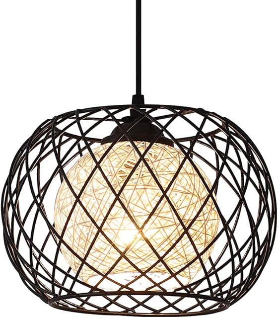 LED Pendant Light,WOWEWA Industrial Ceiling Pendant Light Fixtures Vintage Metal Rattan Lampshade,Ceiling Light Fitting Chandelier Interior for Bedroom Kitchen Restaurant Coffee Bar