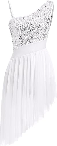 Women Lyrical Dance Dress One Shoulder Sparkly Sequins Contemporary Dance Costume Shiny Top Sheer Waist Chiffon Skirt