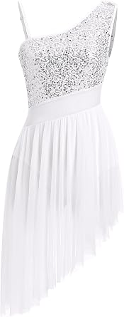 Women Lyrical Dance Dress One Shoulder Sparkly Sequins Contemporary Dance Costume Shiny Top Sheer Waist Chiffon Skirt