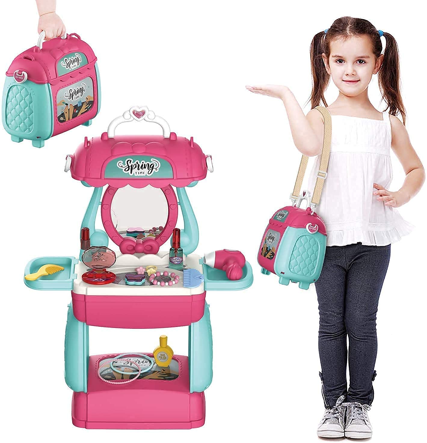 STRUGLE 3 in 1 Beauty Makeup Pretend Play Set Fashion Suitcase Toy Kit Doll Cosmetic with Mirror, Hair Dryer & Make up Accessories for Kids Multi Function Mobile Playset Design(3 in 1 Makeup Set)