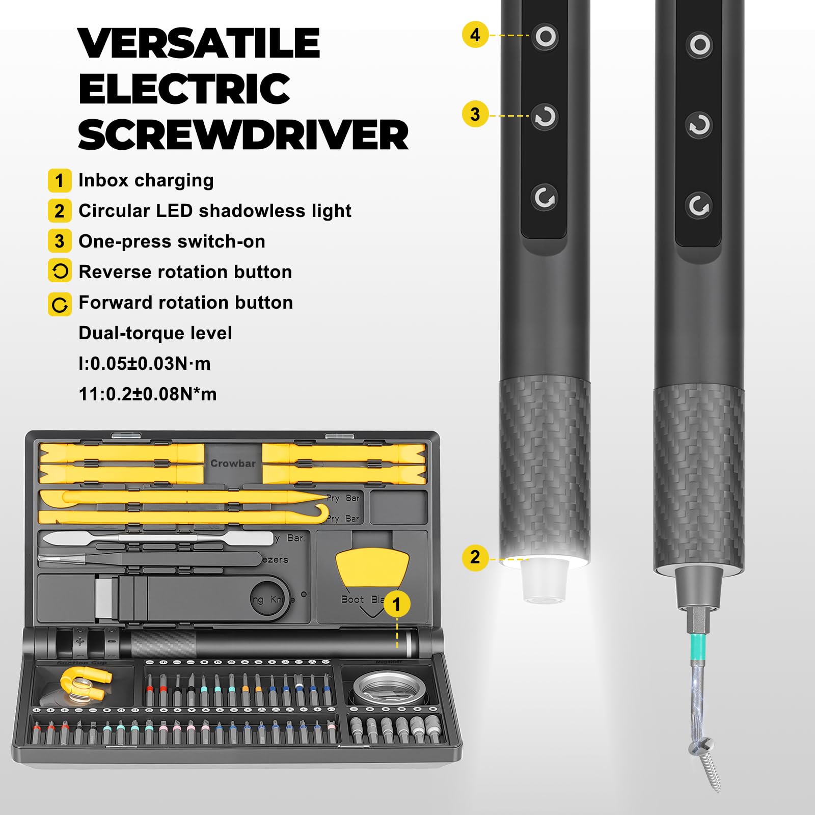 Elec-71 en 1 Tournevis de précision sans fil avec lumière LED, 5 réglages de couple (max 0,6 N·m), 42 embouts magnétiques, kit d'outils de réparation pour ordinateur portable, téléphone (Elec