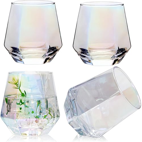 Wine Glasses Set of 4,Iridescent Stemless Wine Glasses for Red and White Wine,Geometric 10oz Diamond Shaped Glass Cups for Whiskey,Cocktail,Bourbon,Juice,Water