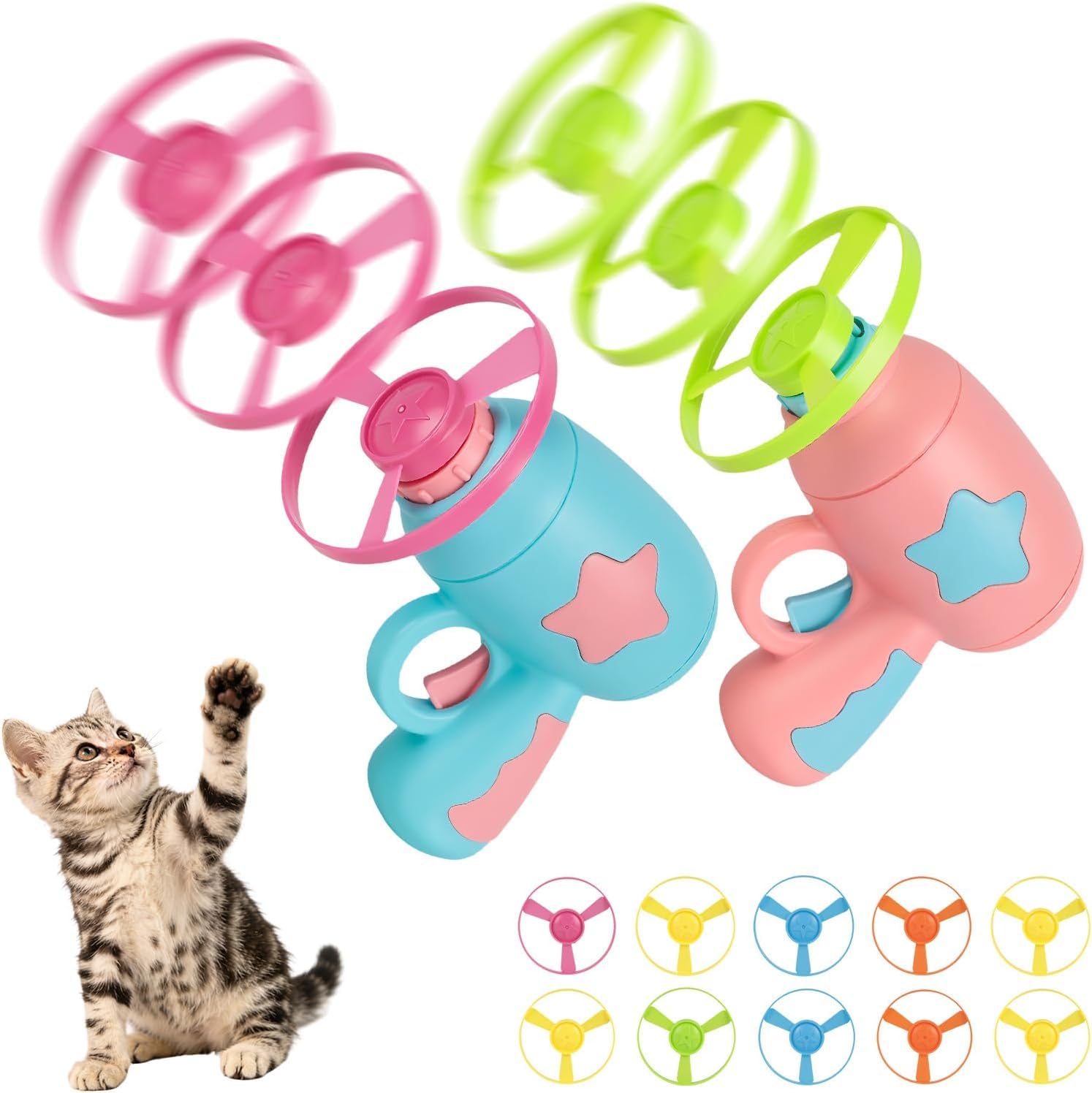 JaiZvt 12PCS Flying Disc Launcher Toy Set, Battery-Free Interactive Cat Toy with 2 Shooters and 10 Colourful Propellers for Indoor Chasing and Fetch