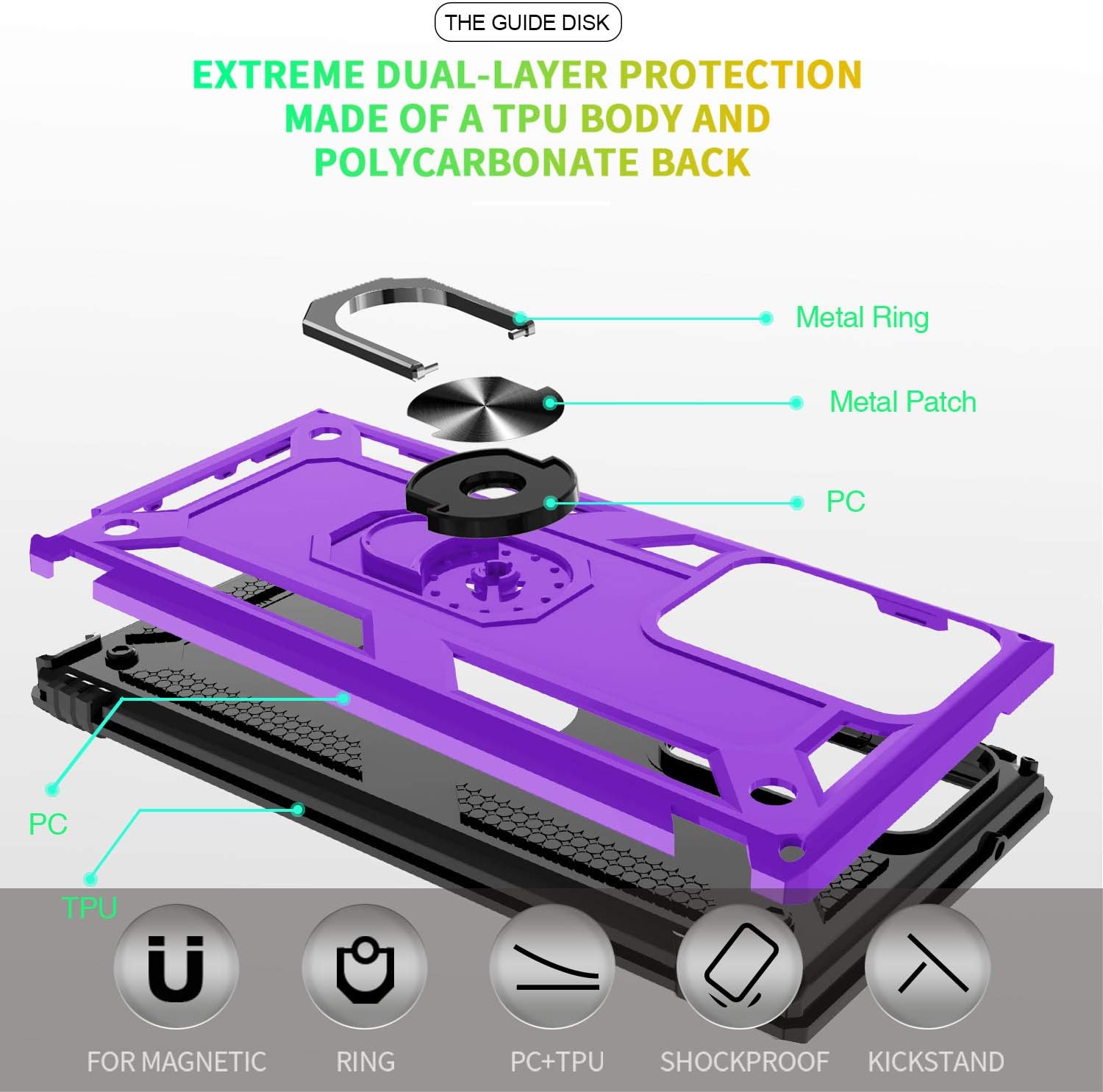 Gritup Compatible for Samsung Galaxy Note 20 Ultra Case with HD Screen Protector, Military-Grade Protective Phone Case with Magnetic Kickstand Ring for Samsung Galaxy Note 20 Ultra 5G Purple