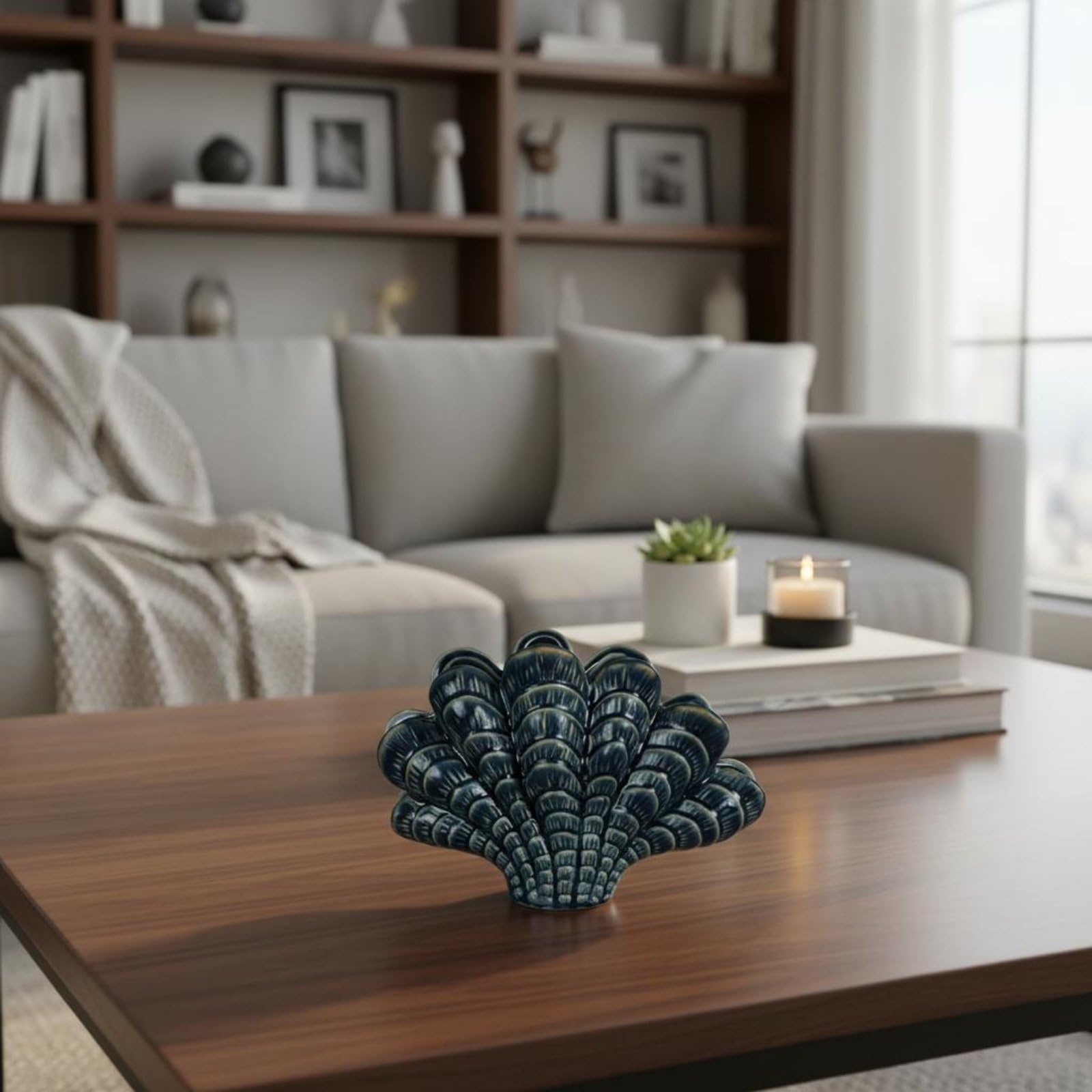 Abstracte Kunst Skulptur Muschelfigur Dekoobjekt Tischornament Wohnakzent mit Sanfter Bewegungswirkung für Wohnzimmer Schlafzimmer Flur Büro Geeignet, HP1049 Muschel Groß Ofenwechselblau