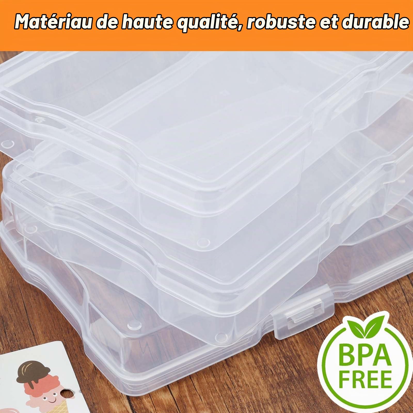 Boîte de Rangement Photo Organisateur de Photos en Plastique avec 6 Boîtes Intérieures et 40 Étiquettes Autocollantes pour Cartes, Photos, Tampons, Fournitures de Bureau, Graines