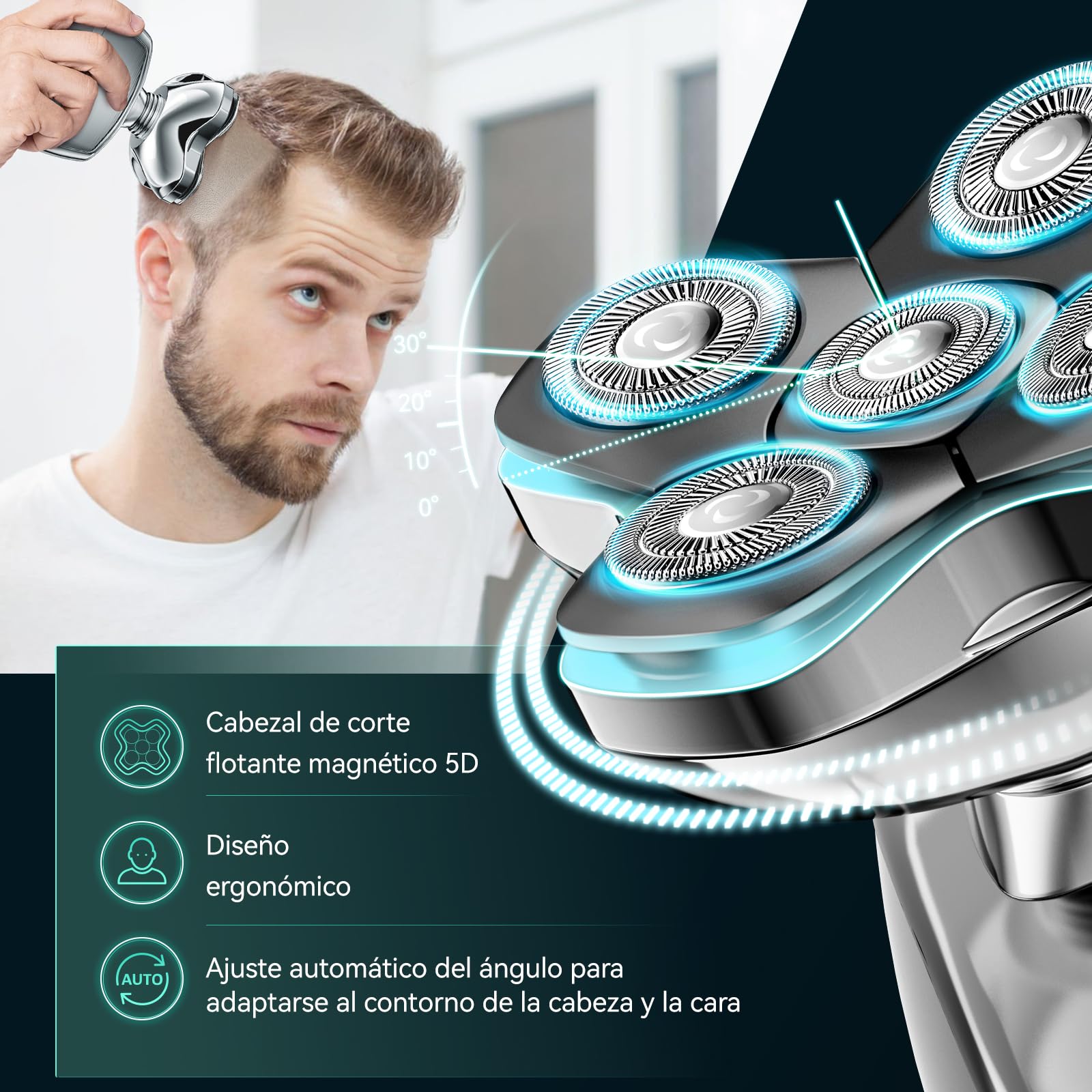 Kensen Afeitadora Cabeza Hombre 3 en 1, IPX6 Impermeable Maquina Afeitar Cabeza para Calvo con Cabezales Magnéticos 5D, Cortapelos y Nariz, Afeitado en Seco y Húmedo, Carga USB-C