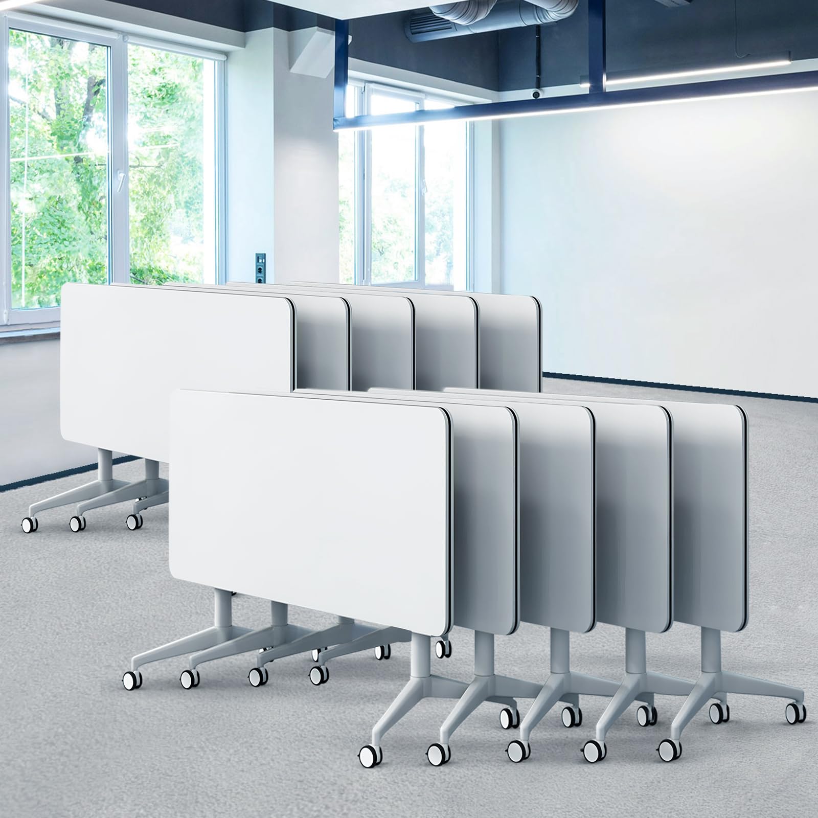 Goakwwuz Folding Conference Table, White Conference Room Tables with Wheels, Flip Top Large Rectangular Meeting Seminar Table for Office,Classroom,