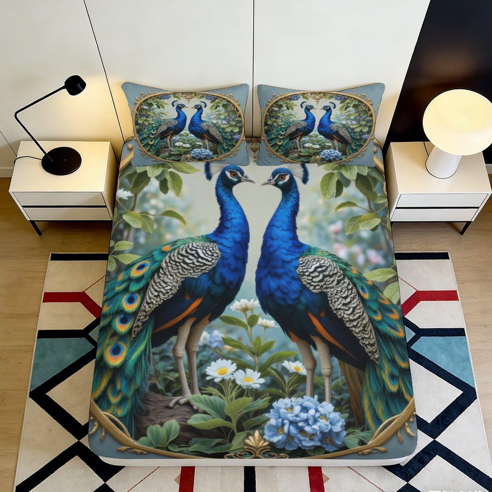 K1r3d9e5 Style-2 3D Printed Peacock Garden Fitted Sheet Microfiber Anti-Slip Elegant Floral Mattress Cover For Bedroom Guest Room Easy Care 90X200x25cm