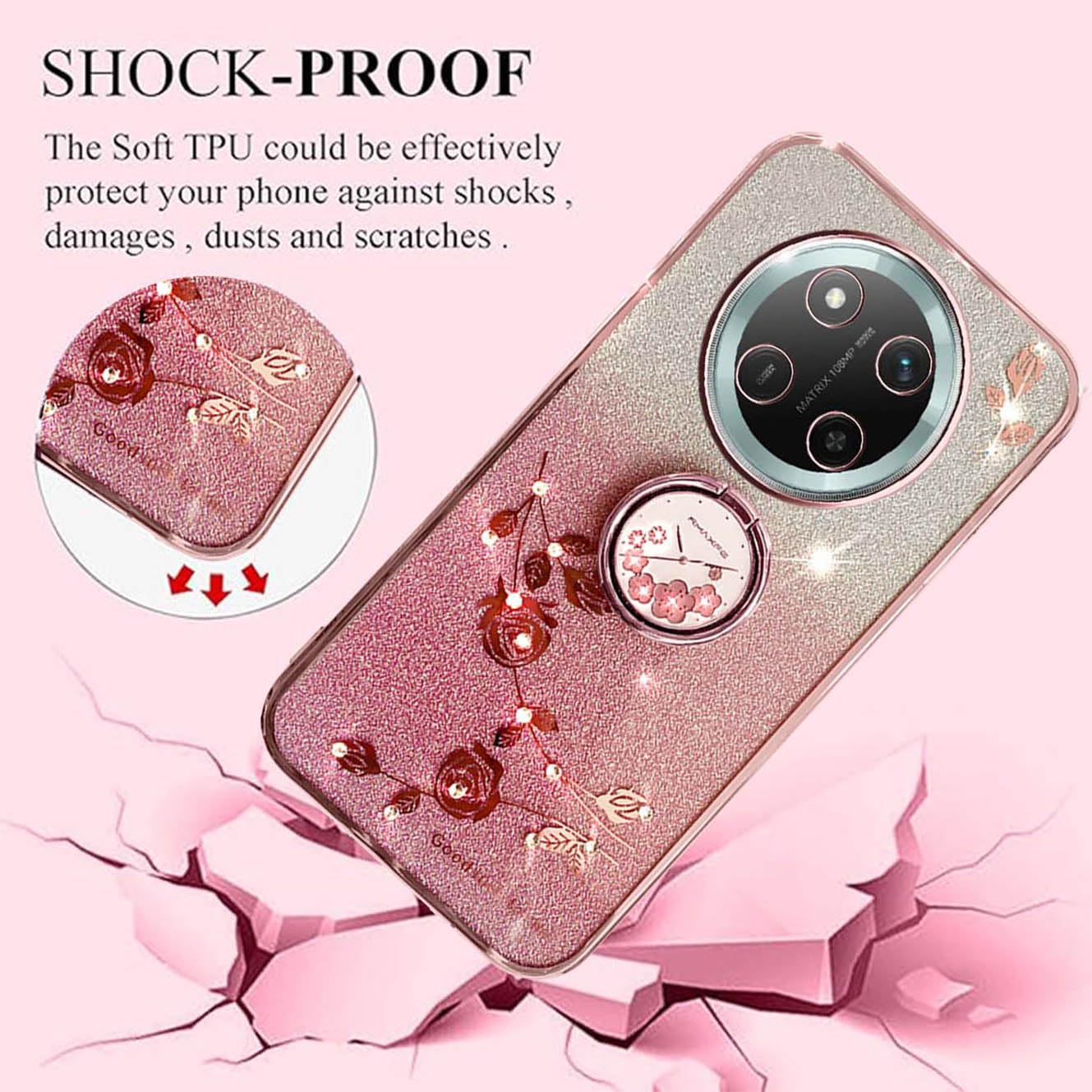 YUECXIN Cover Glitter per Honor Magic 7 Lite 5G/Magic7 Lite/X9c, Trasparente Bling Brillantini Donna Custodia, Ultra Sottile Molle Antiurto TPU Silicone Fiori Anello Supporto Case. Rosa