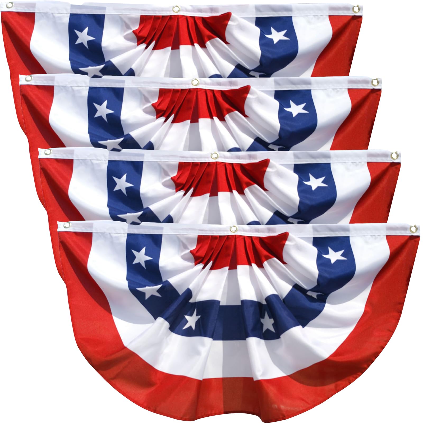 Photo 1 of 4 Pack 3 x 6 FT American Pleated Fan Flag with Red White Blue Star Panels, Patriotic USA Bunting Half Circle Flags for Porch Railing Fence Balcony Home, Independence Day 4th of July Outdoor Decor