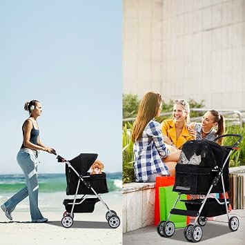 Best 4 Wheels Pet Stroller for Dog & Cat, Lightweight and Foldable Dog Jogger Stroller W/Cup Holders for Small & Medium Pets - Black