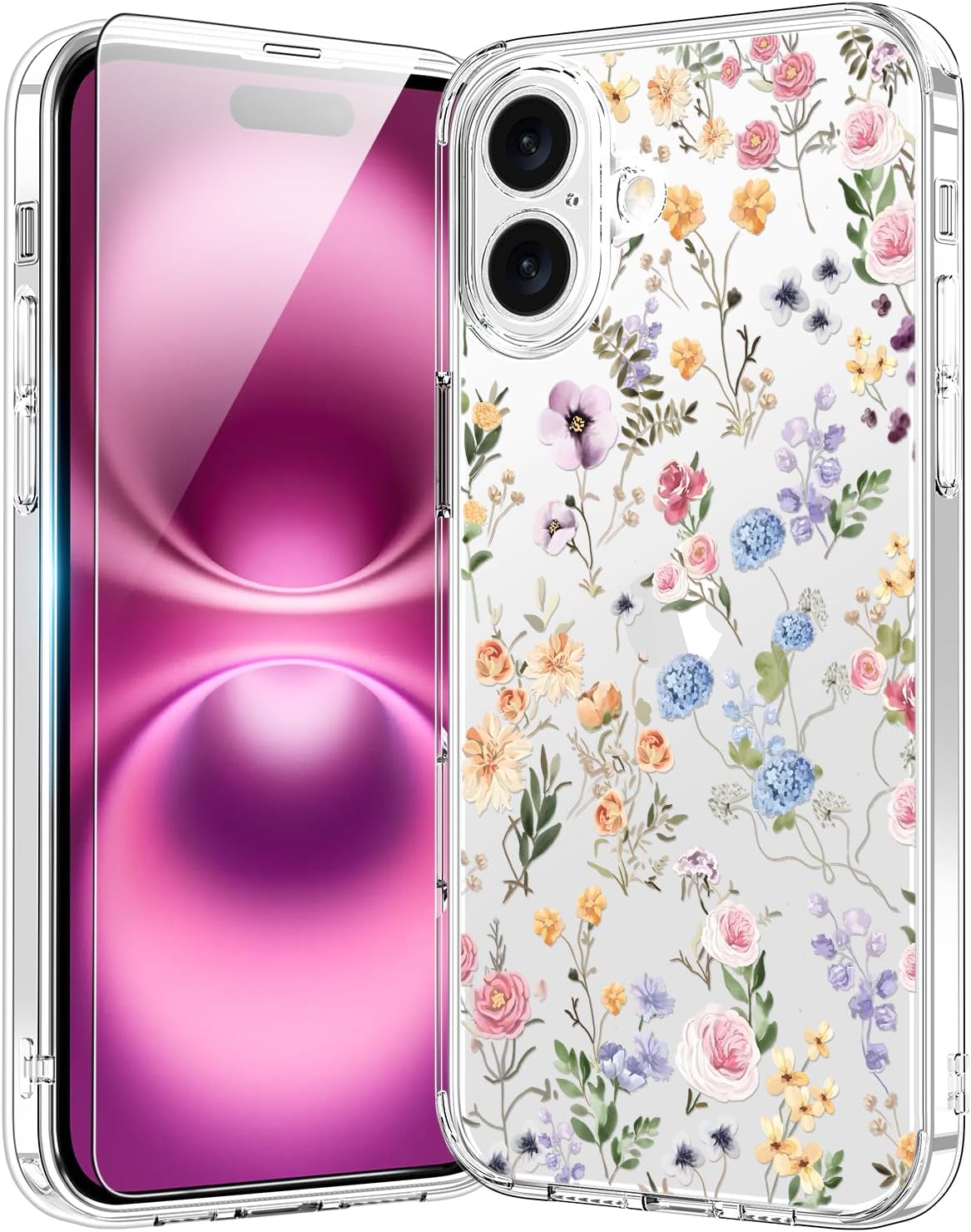 bicol for iPhone 16 Plus Case with Screen Protector, Enhanced Camera Protection, Crystal Acrylic Clear with Fashionable Designs for Girls Women, Slim Fit Protective Phone Cover, Blooming Wildflower Blooming Wildflower for iPhone 16 Plus