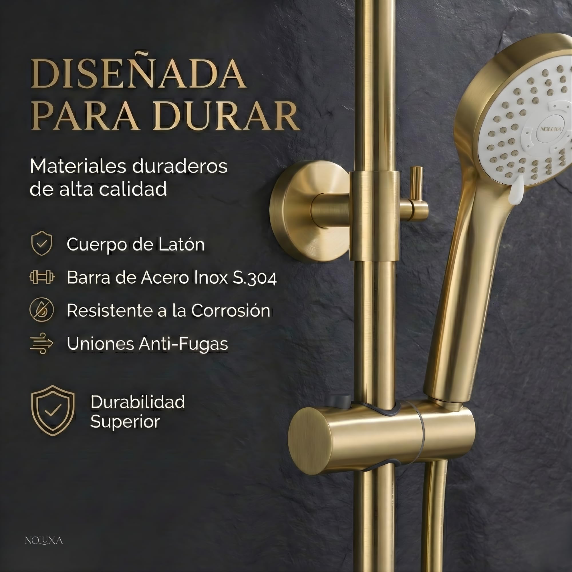 IMEX - Columna Ducha Oro Cepillado con Grifo | Conjunto de Ducha Monomando con Alcachofa y Rociador Antical | Griferia en Latón y Acero Inox S.304 con Barra Extensible | Serie Roma