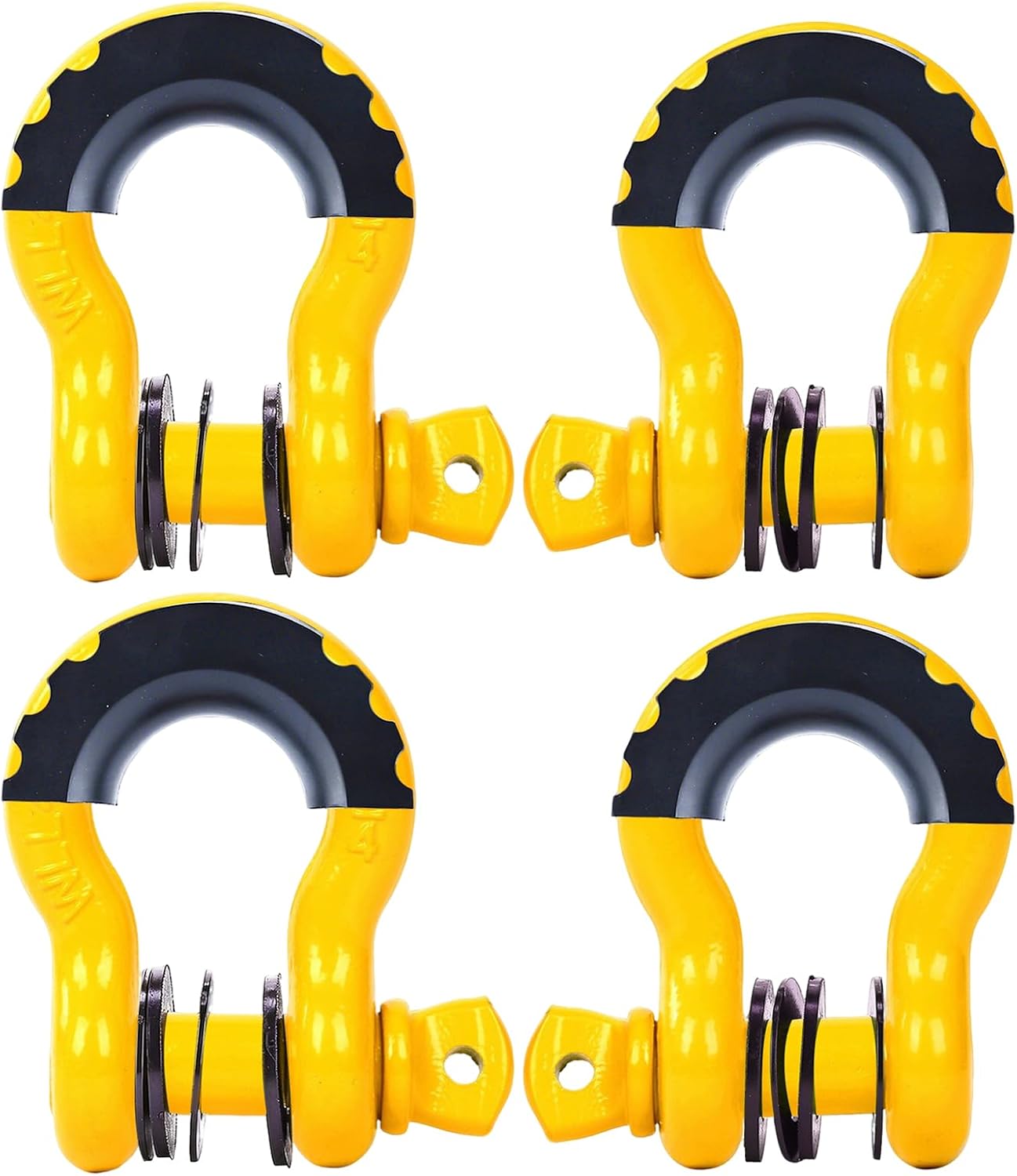 FreeTec D Ring Shackle, 4.75 t Large Galvanised Steel Shackle, Pack of 4 Curved Shekel with Eye Bolts, Heavy Towing Lifting Shekel for Cars, 4 x 4 Offroad Winch (Yellow)
