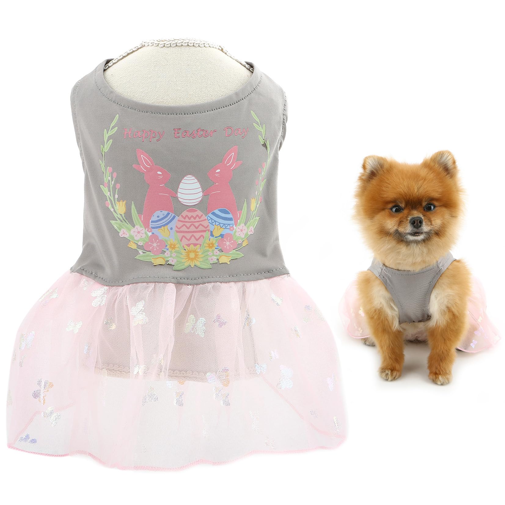 SMALLLEE_LUCKY_STORE Easter Dog Dress for Extra Small Dog Tulle Puppy Female Skirt Holiday Outfit Stretchable Pet Clothes with Bunny Egg Print Cats Costume, Gray, L