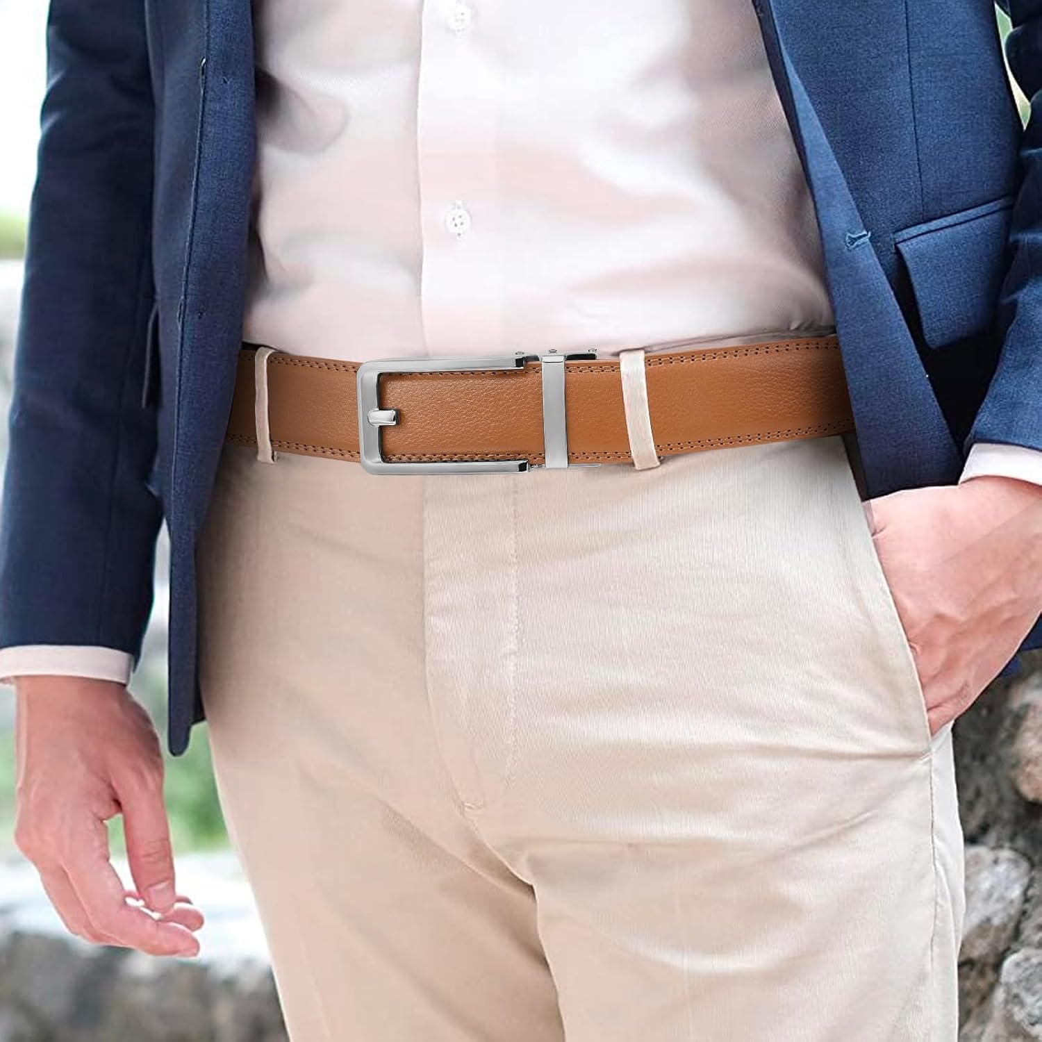 SENDEFN Men's Leather Dress Casual Belt 1 3/8" Automatic Adjustable Click Buckle Belts with Gift Box - Image 4