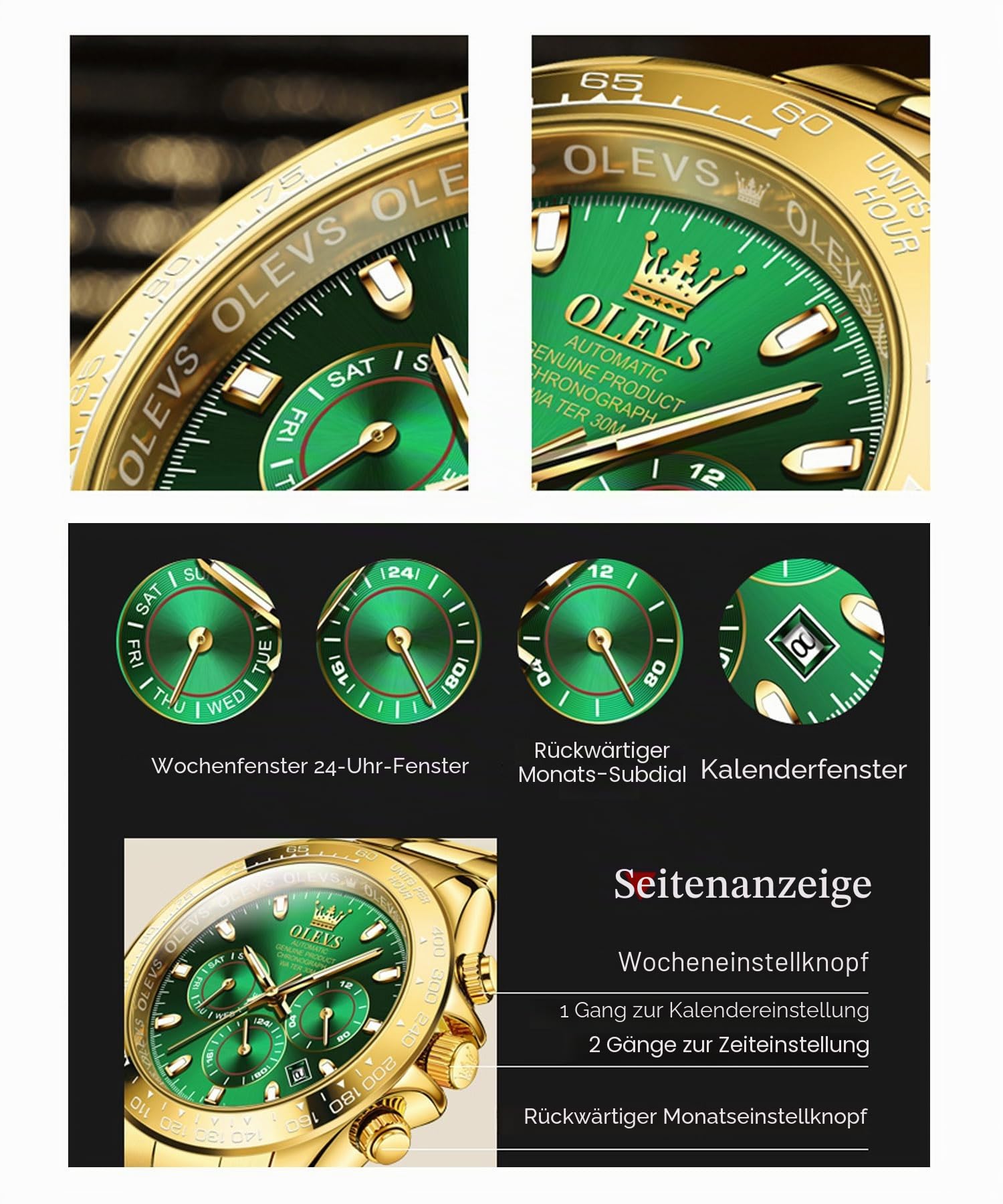 OLEVS Herren Automatikuhr Automatikuhr Timing Lünette Mechanische Uhr Wasserdicht und Leuchtend Kalender Woche Edelstahl Präzisionsband