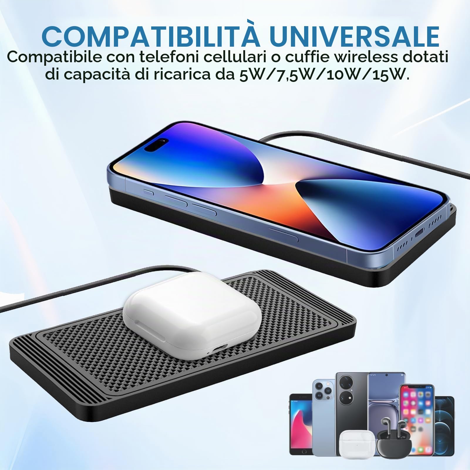 15 W Tappetino Ricarica Wireless Auto Caricabatterie Wireless Auto Base Di Ricarica Antiscivolo Compatibile Con iPhone 15/14/13/12/11Pro/Samsung/S23/S22/S22/S21/15/14/13/12/AirPods