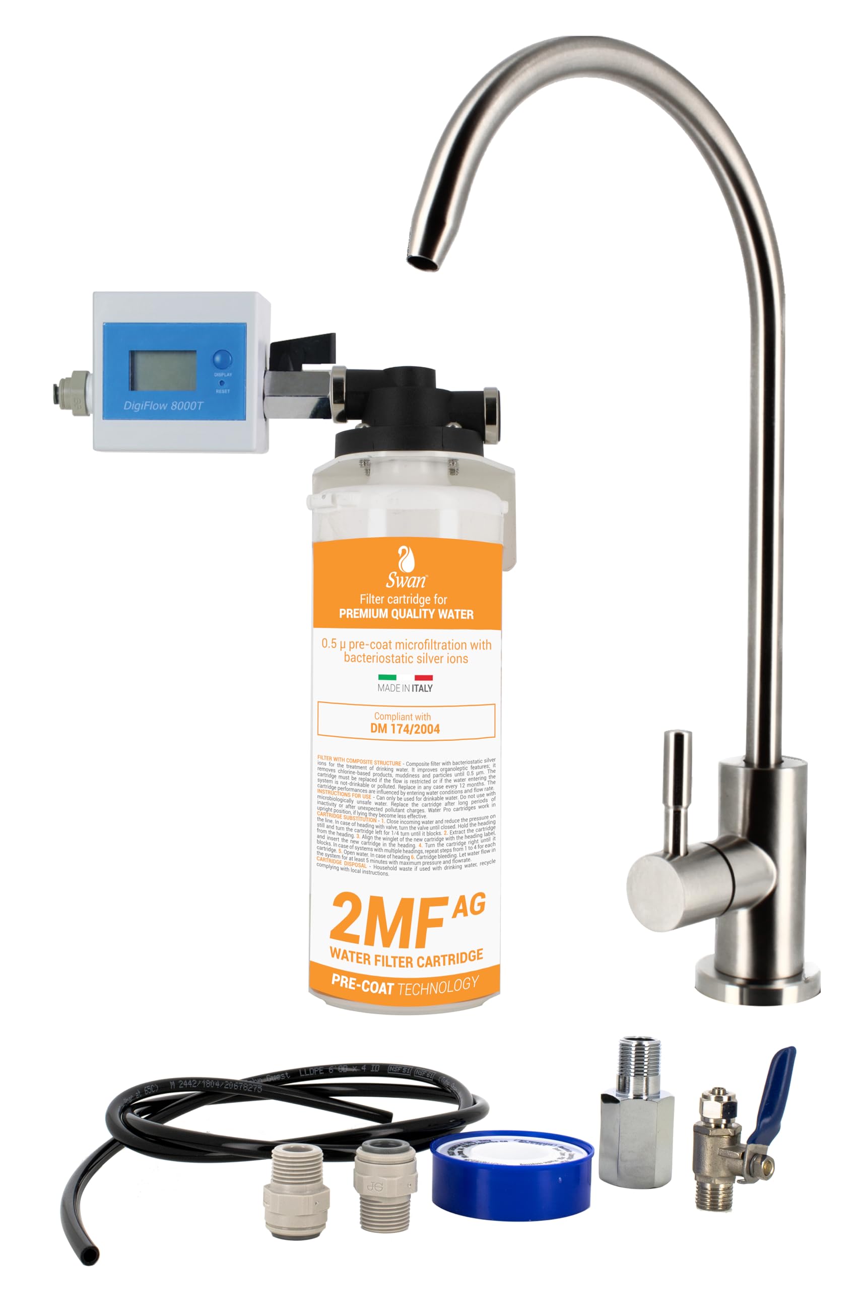 Sistema di Filtrazione Acqua da Sottolavello - Filtro 2 MF-AG - Testa QL1 - Rubinetto 1 Via - Conta Litri - Tubi e Raccordi - Installazione Rapida per Acqua Senza Calcare, Cloro e Sedimenti