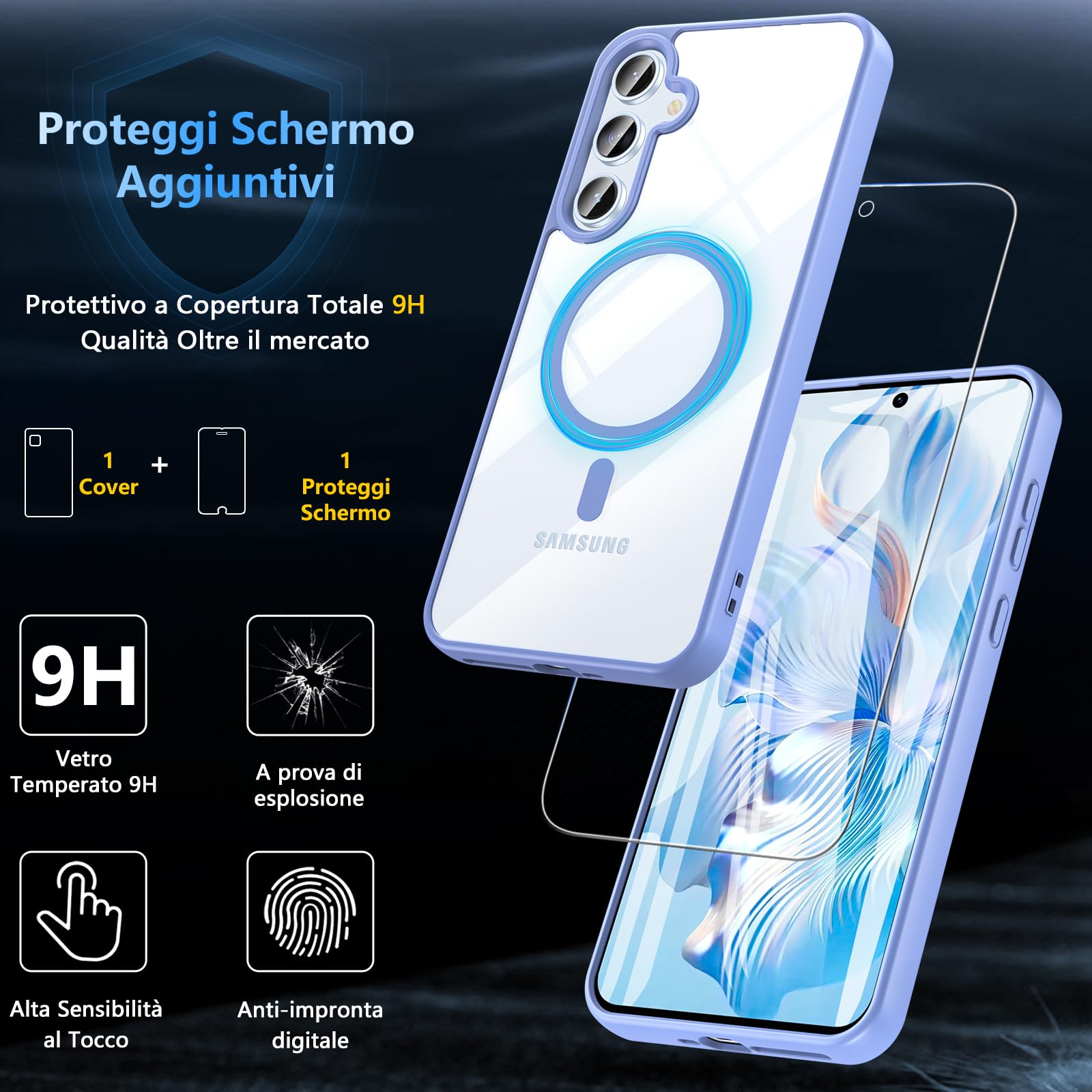 Hensinple Magnetica Cover Compatibile con Samsung A55/ A35 5G con Vetro Temperato, Custodia Antiurto Sottile Trasparente Posteriore Graffi Paraurti TPU Bumper Case -Azzurro