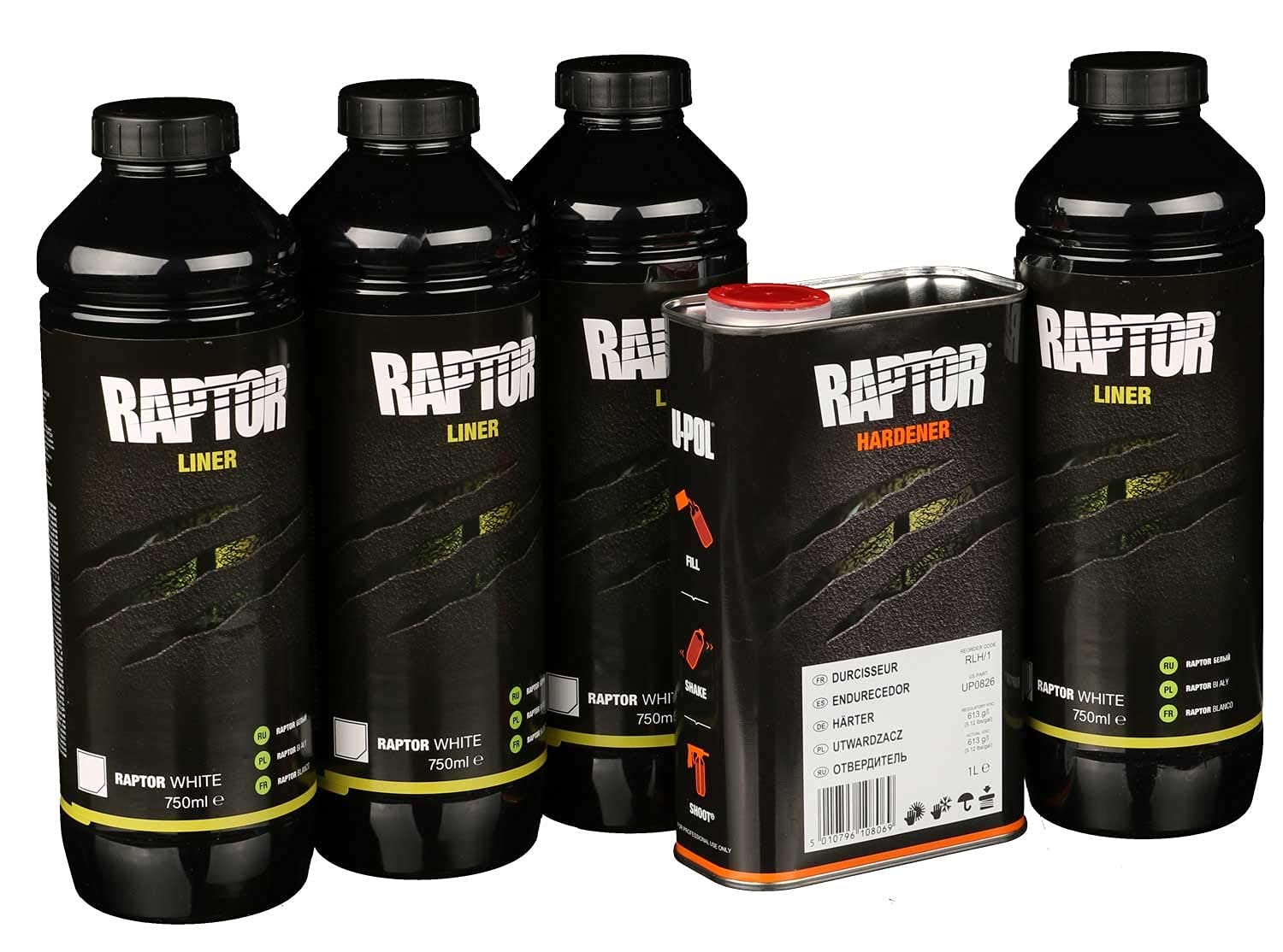 U-POL RAPTOR Transportflächen Beschichtung Weiß inkl. Härter 3,79L + AllorA Unterbodenschutzpistole 2K Schutzlack gegen Rost, Korrosion, Salz & Feuchtigkeit (3,79 Liter | Weiß)