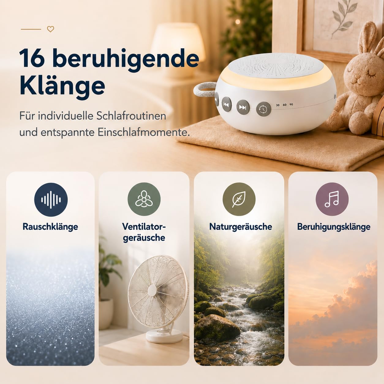 Baby White Noise Soundmaschine mit Nachtlicht - Tragbare Einschlafhilfe für Babys & Kinder, 16 beruhigende Geräusche, weißes Rauschen, Timer- & Memory-Funktion, bis zu 24h Akku, wiederaufladbar
