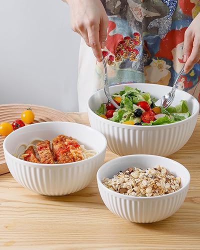 Miniatura 4 de Hasense 3 cuencos de cerámica para mezclar, grandes cuencos blancos acanalados de 1.510.5 cuartos de galón para cocina, cocinar, hornear y servir