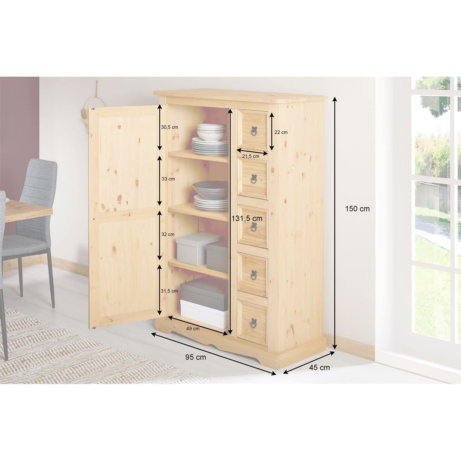 IDIMEX Kommode Tequila 5 Schubladen Natur gebeizt und gewachst. Highboard Kiefernholz massiv 2 verstellbare Einlegeböden Esszimmermöbel Zierbeschläge schwarz. Schubladenschrank Wohnzimmer Küche