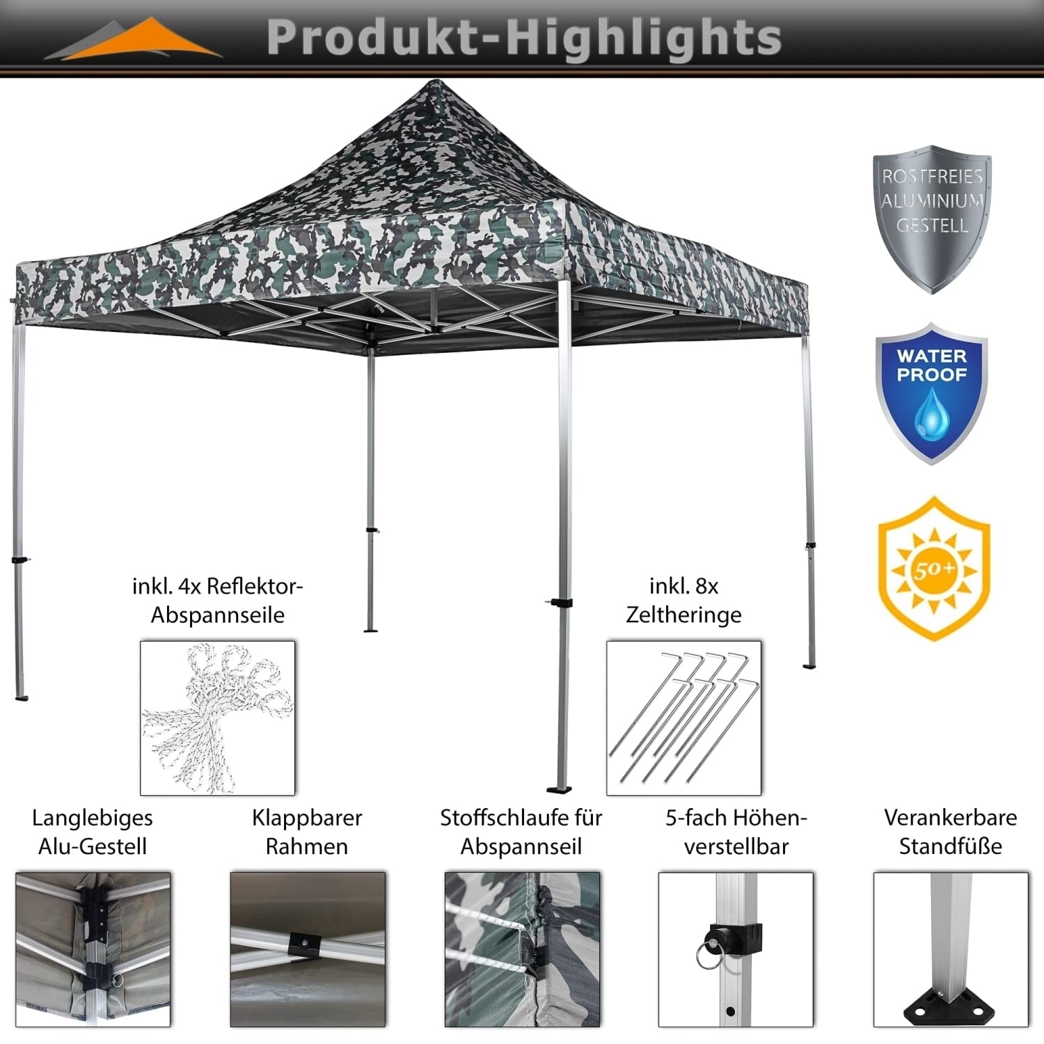 INSTENT Alu-Pavillon 3 x 3 m Pro wasserdicht UV Schutz 50+, urban mit 4 Seitenteilen