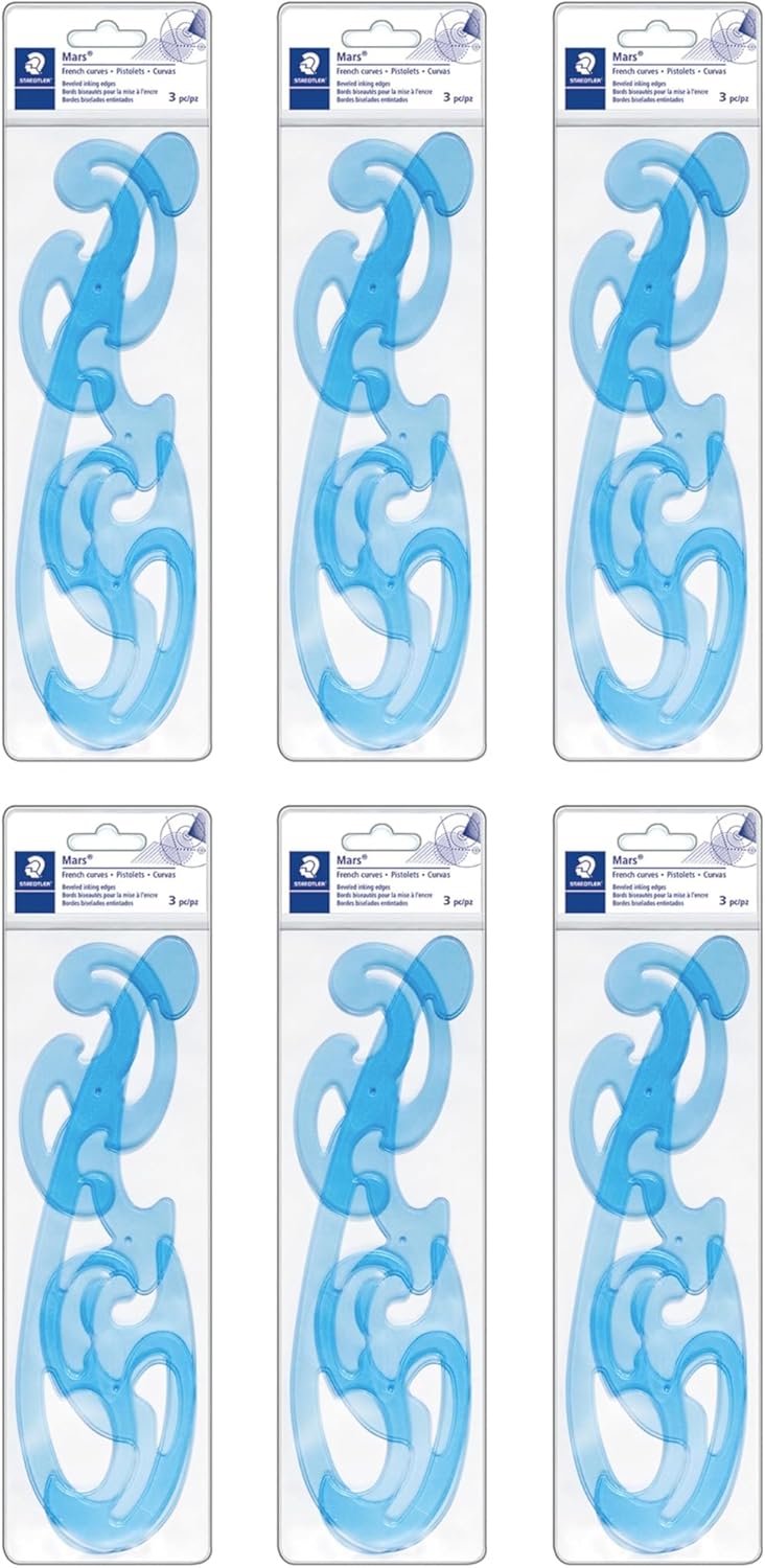 STAEDTLER Mars Professional French Curve Design Ruler Set for Pattern Making 6-Pack (6 Sets of 3 pcs), 3 Essential A B C Shapes, Blue Transparent Plastic with Inking Edge, 18 Count