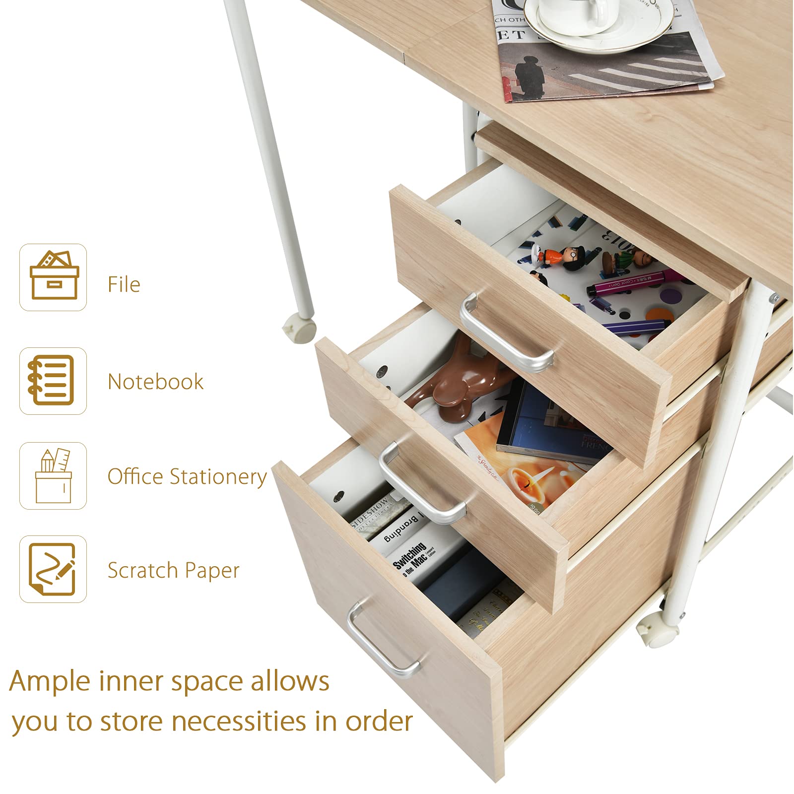 Tangkula Folding Computer Desk with 3 Storage Drawers, Mobile Home