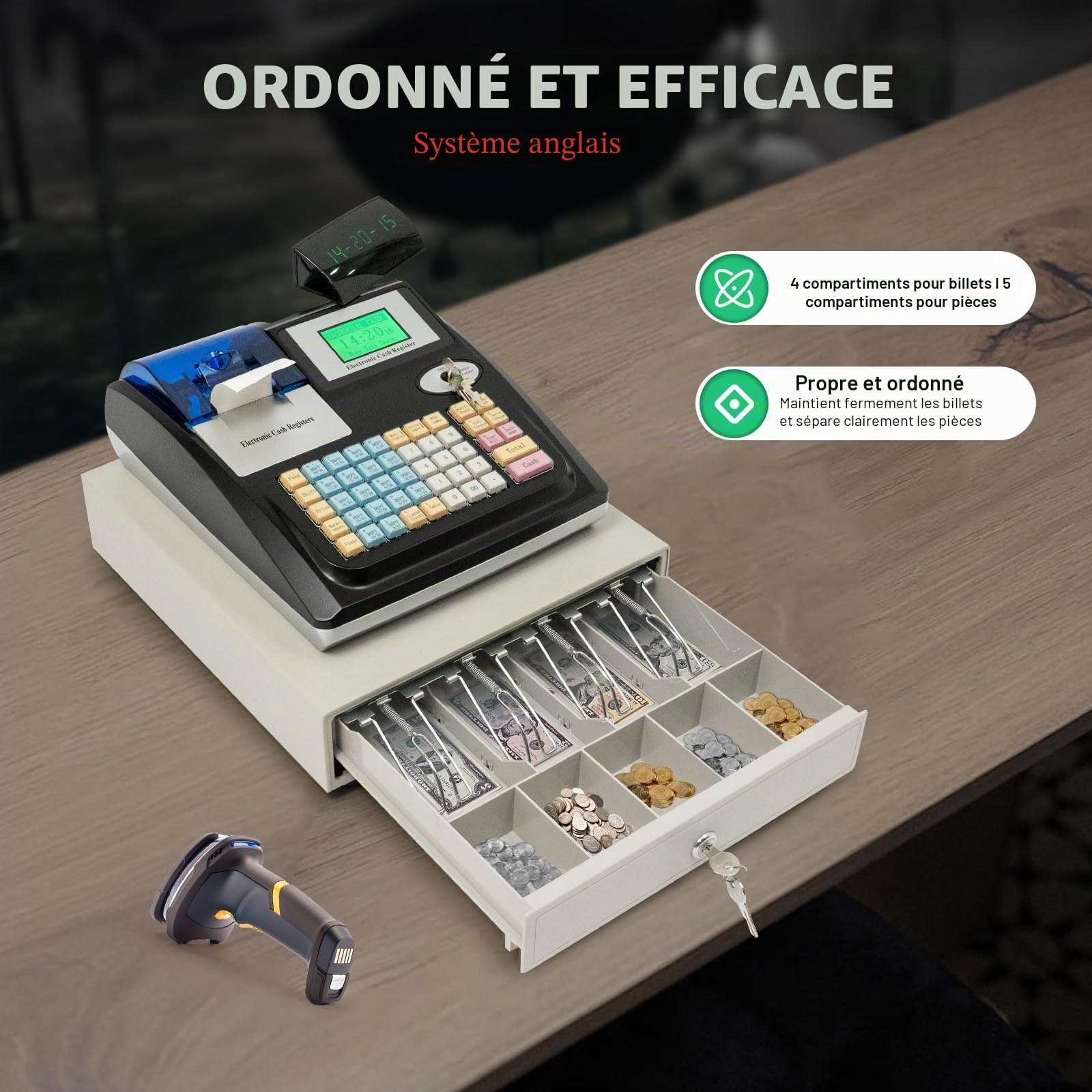 Electronic Cash Register English System Dual LED Display with 48 Keys POS Banknote Recognition Function Cash Register for Retail Restaurant Supermarket