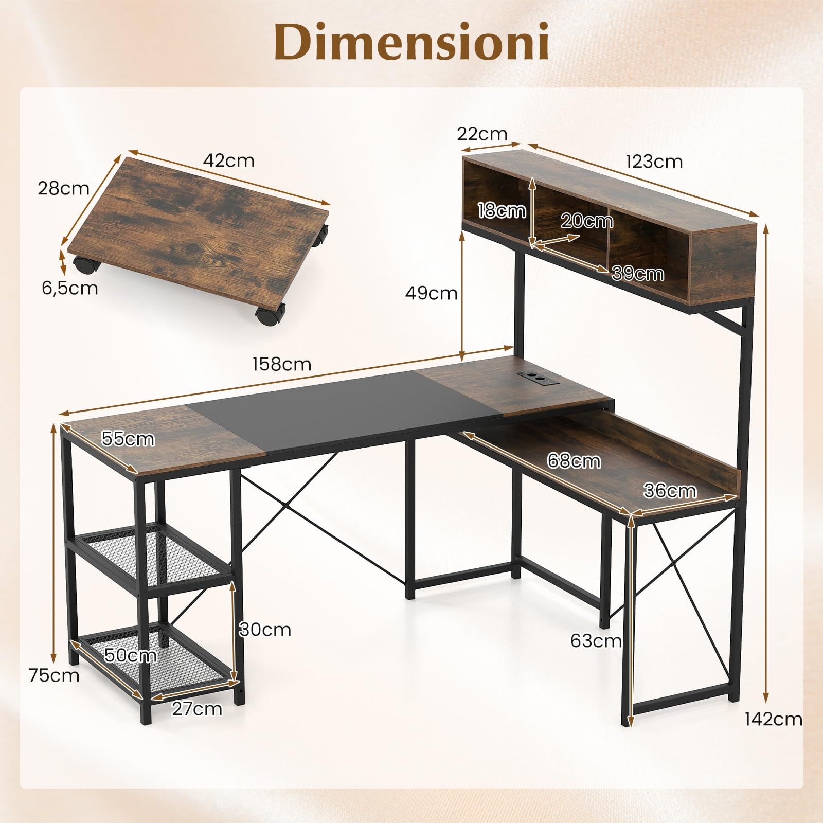 COSTWAY Scrivania Angolare con Stazione di Ricarica, Scrivania ad Angolo Salvaspazio con Scomparti, Ripiani e Supporto CPU Mobile, Postazione di Lavoro Gaming Reversibile per Casa e Ufficio