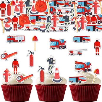 ENLACE Edible Cake Decorations Fire Engine for Cake Fire Brigade Cake Decoration Edible Firefighter Cupcake Toppers Birthday Fire Engine Decoration Children's Birthday Party Pack of 80