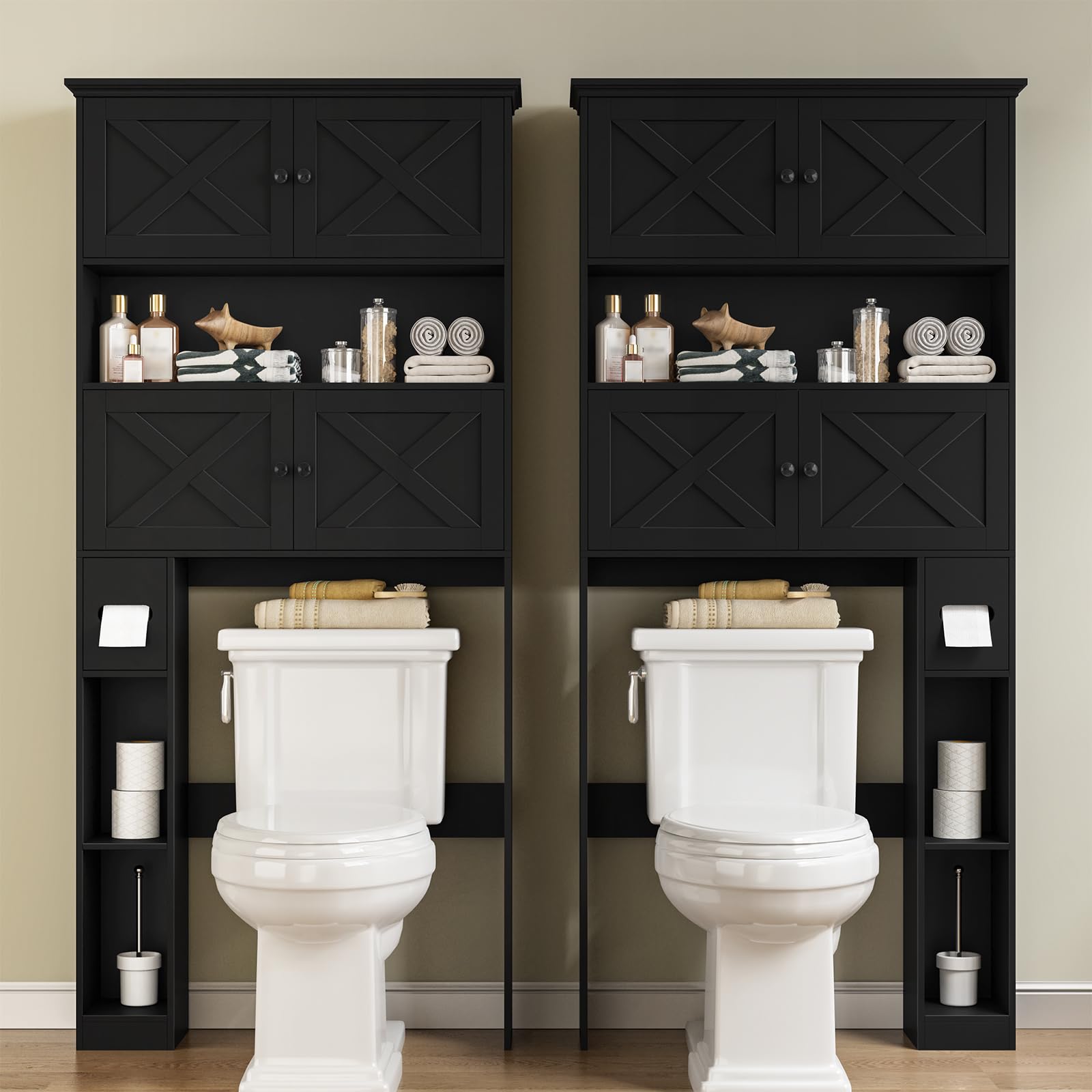 BonVache Waschmaschinenschrank Schwarz mit Türen, Waschmaschinenregal Überbau, Toilettenschrank & WC Regal, Stabiler Schrank über Waschmaschine, platzsparender Überbauschrank für Bad & Waschraum