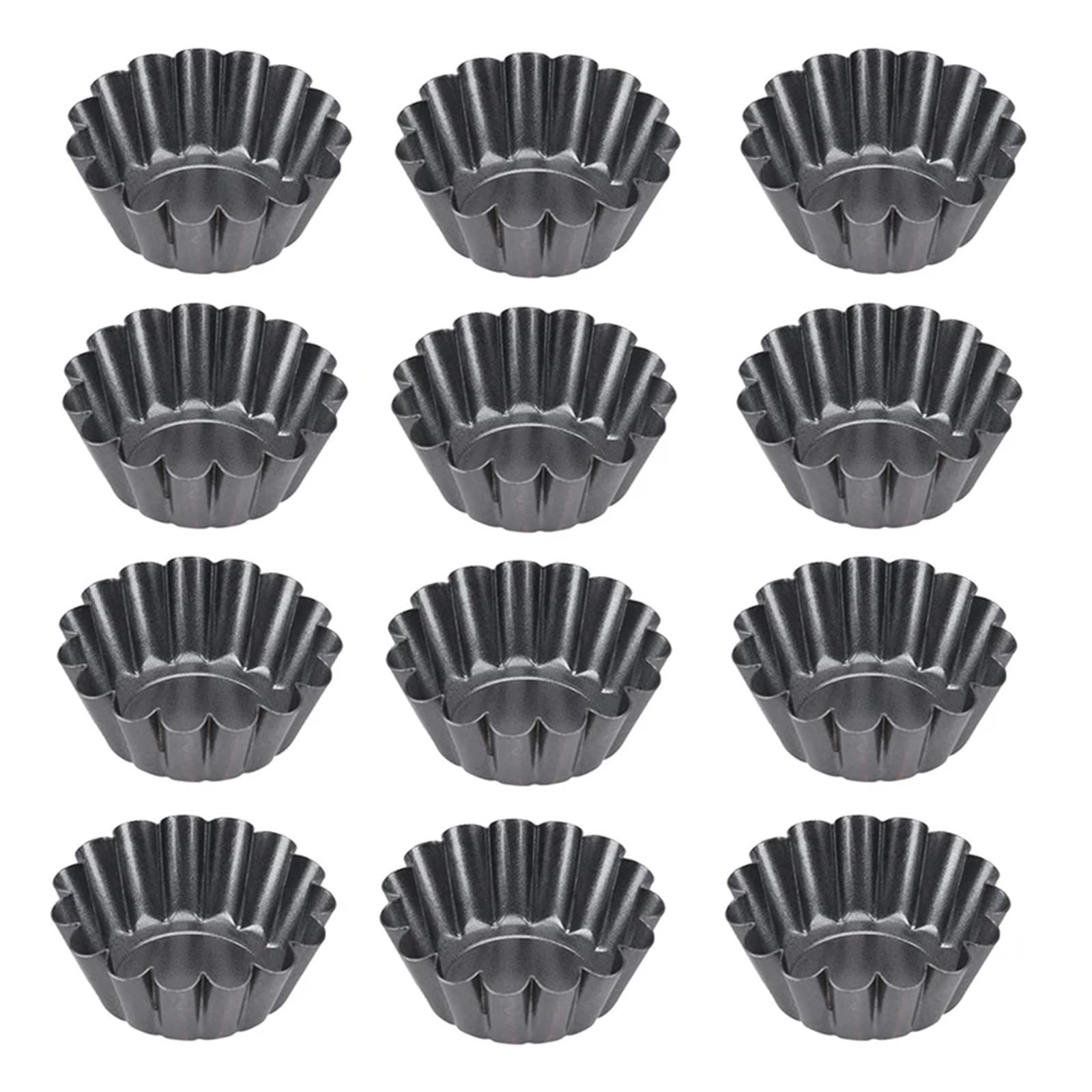 Moule à tartelettes en acier au carbone Moules à tartelettes miniatures en acier au carbone, moules aux œufs antiadhésifs, muffins cannelés for tartes, desserts et mousses(Black 12 Pieces)