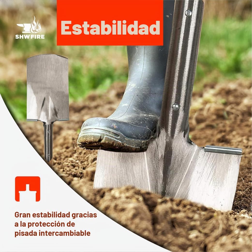 SHW FIRE - Pala para suelos duros y pedregosos - Mango de fresno de 103 cm con mango de botón, hoja afilada con borde de pisada - Pala de jardín robusta para construcción y patio - Pala con mango |