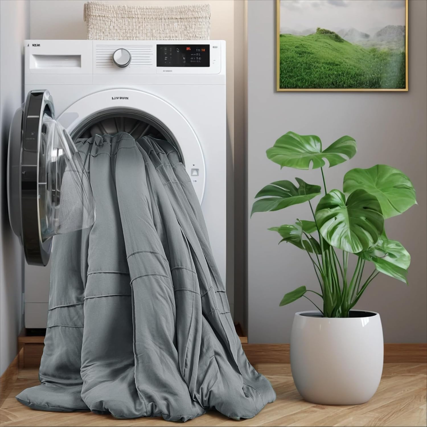 Queen Size Comforter Set Blue Grey, 3 Pieces Bedding Set, Ultra Soft Prewashed Bed Set, Pinch Pleat All Seasons Lightweight Comforter and Shams