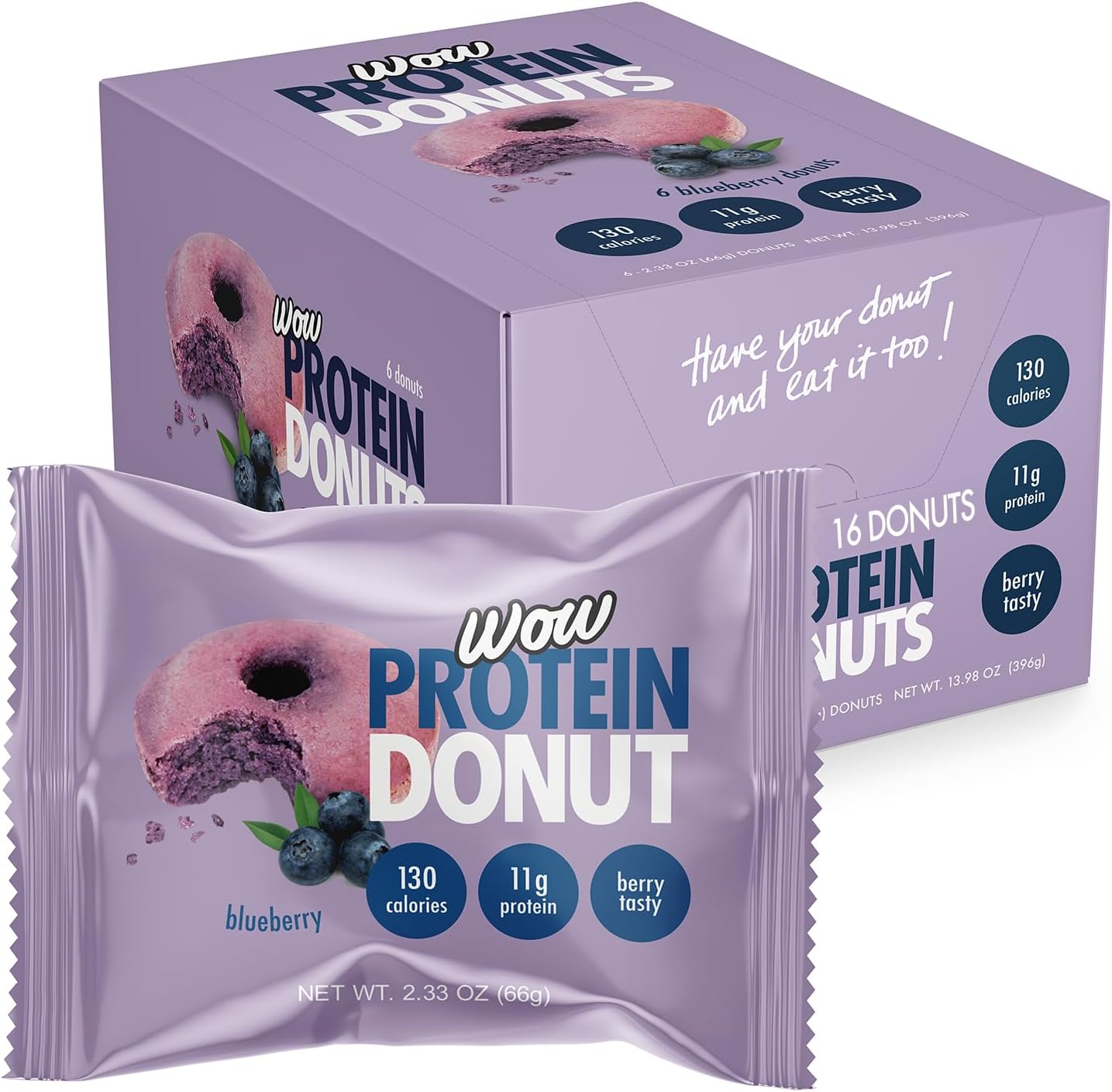 Wow! Protein Donuts, High Protein Snacks, Low Carb, Low Calorie, & Low Sugar, Healthy Snack with 11g of Protein (Blueberry, Pack of 16)