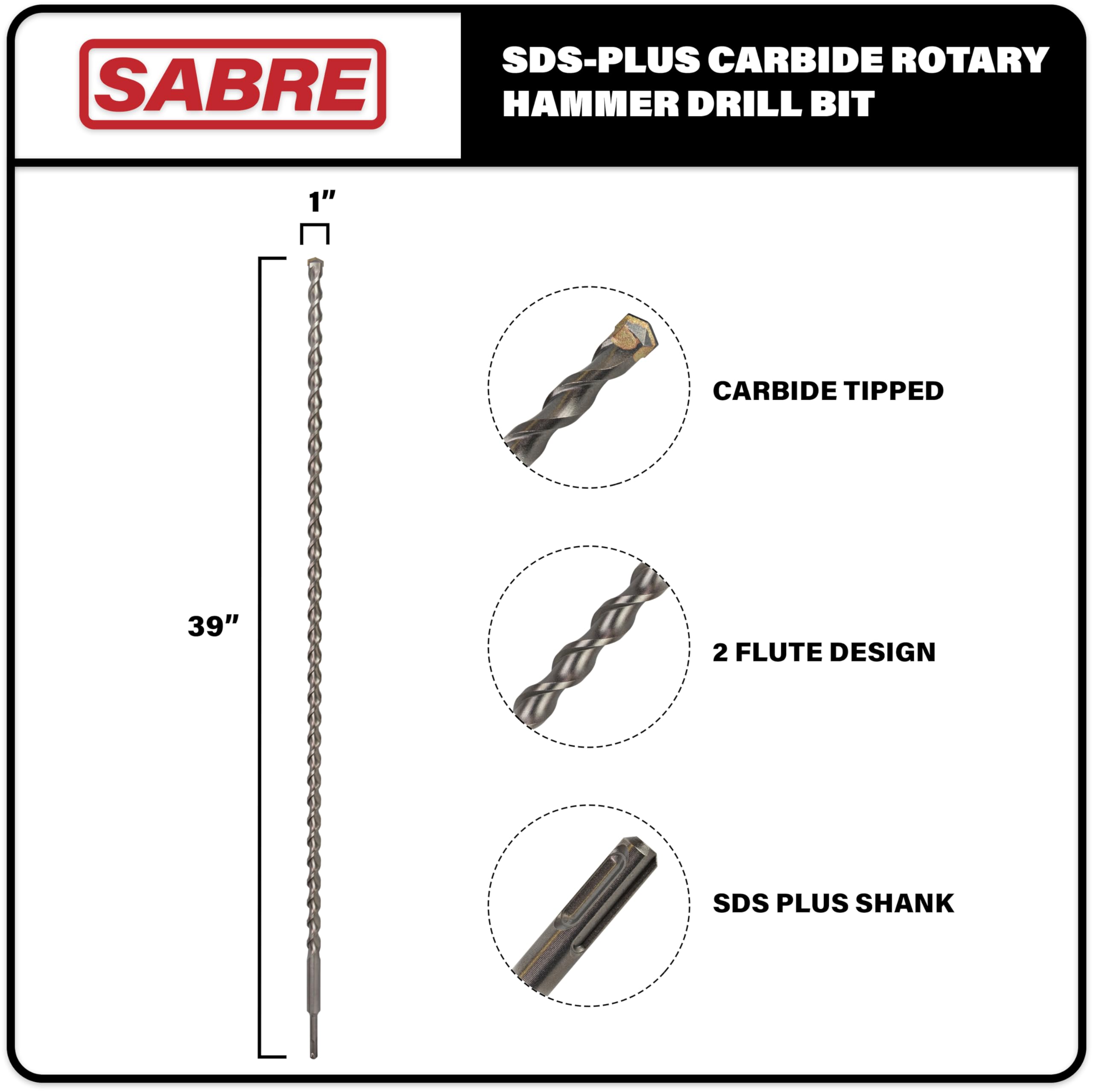 Sabre Tools SDS Plus Rotary Hammer Drill Bit - 1-1/8 Inch X 39 Inch, Carbide Tipped For Concrete, Brick & Stone - View #4